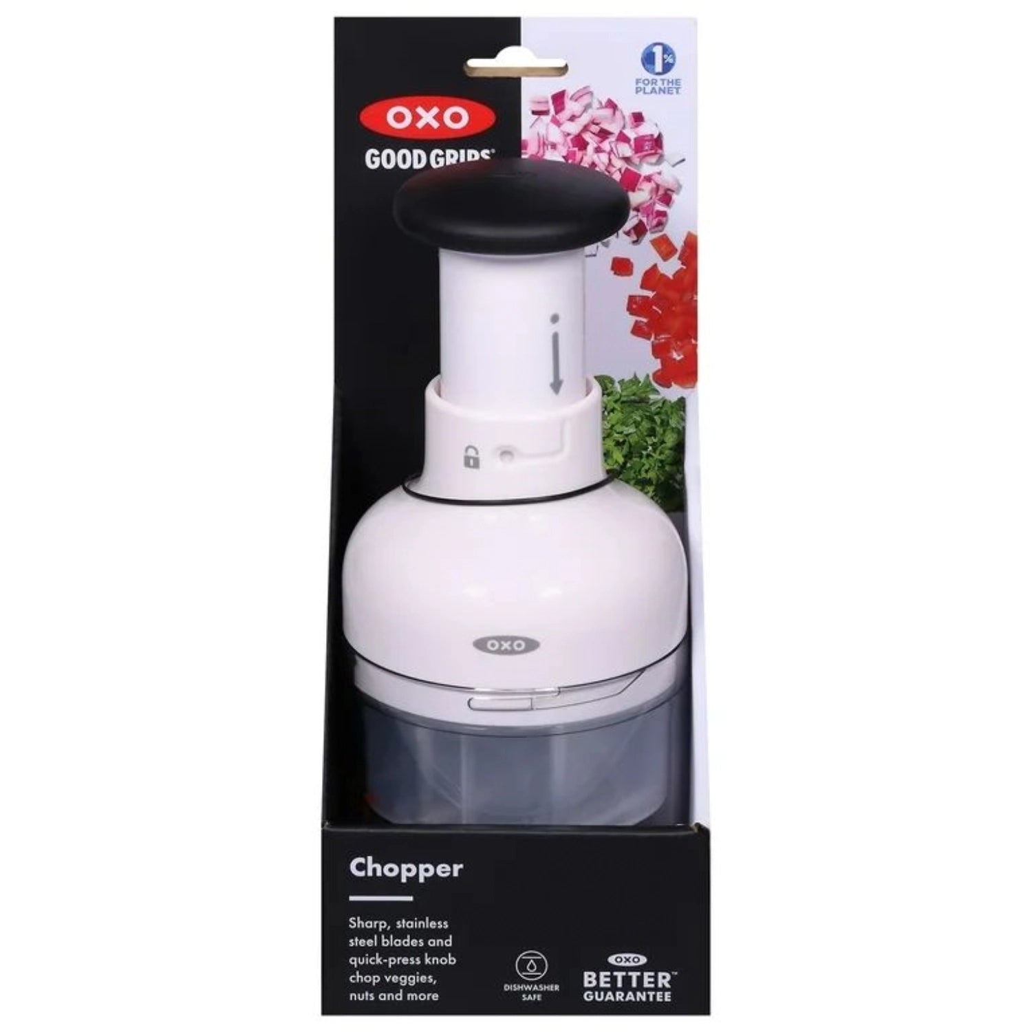 Effizienter Good Grips Gemüsehacker von OXO, Ø13.9x22.2cm, perfekt für müheloses Zerkleinern von frischem Gemüse und aromatischen Kräutern.
