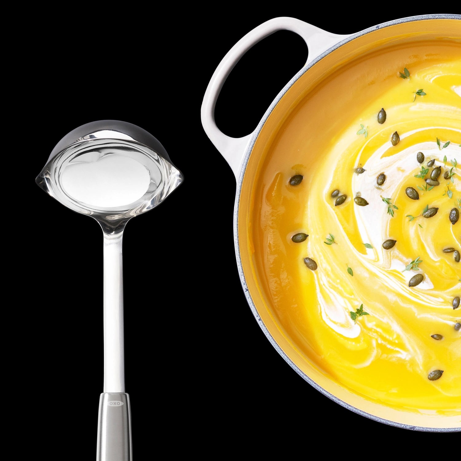 Robuste OXO Good Grips Steel Kelle, 33 cm, ideal zum Wenden von Speisen, vereint Funktionalität und ergonomisches Design für müheloses Kochen.