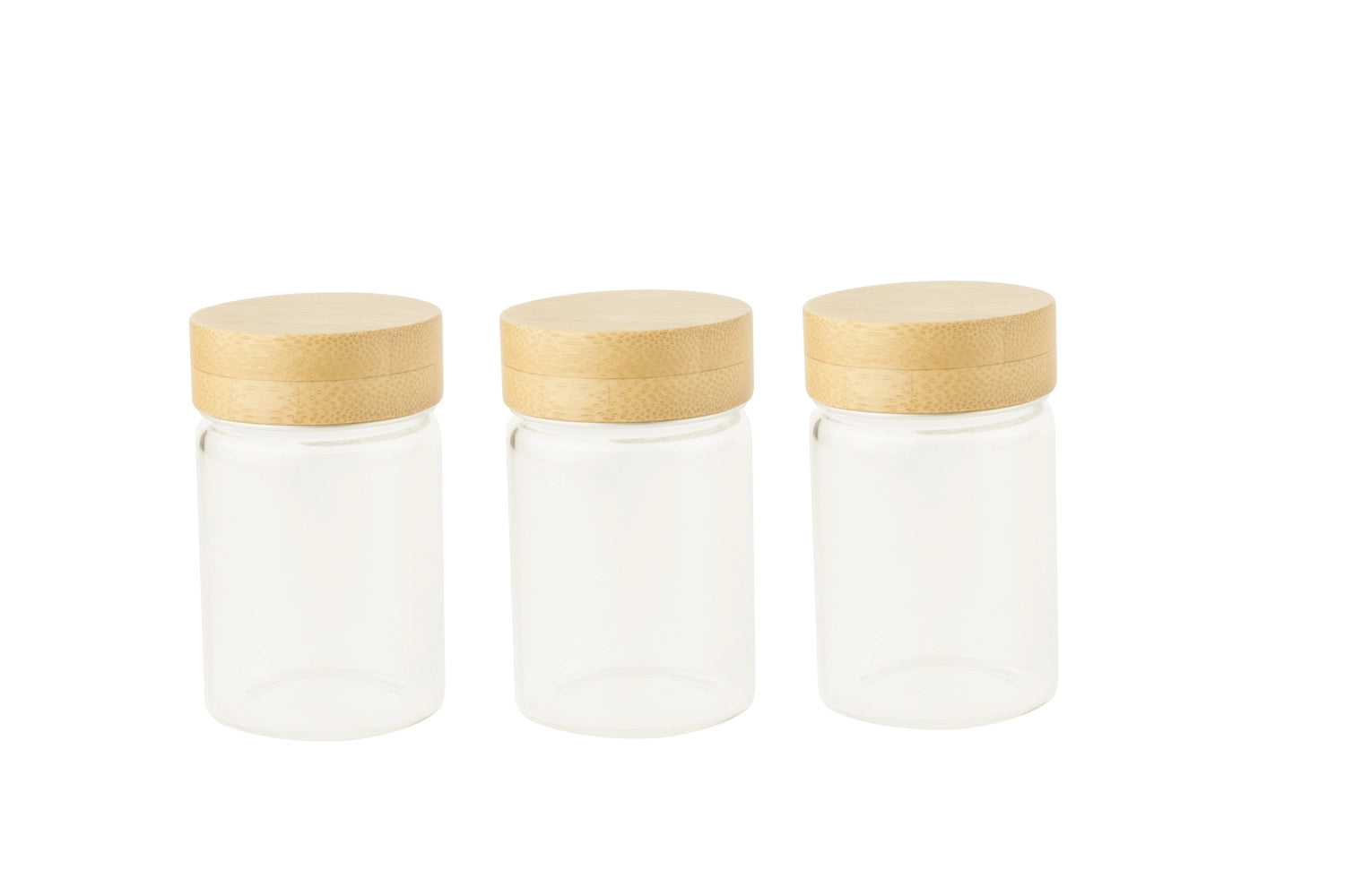 Drei praktische Pebbly Vorratsgläser mit 75 ml und umweltfreundlichen Bambusdeckeln für eine stilvolle und nachhaltige Aufbewahrung.