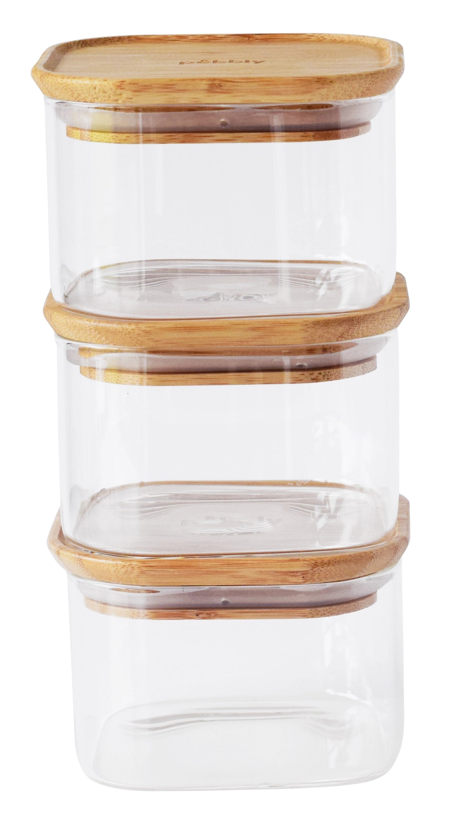 Elegantes 3er Set Pebbly Vorratsgläser mit Bambusdeckel (0,5 l) für stilvolle und nachhaltige Aufbewahrung von Lebensmitteln.