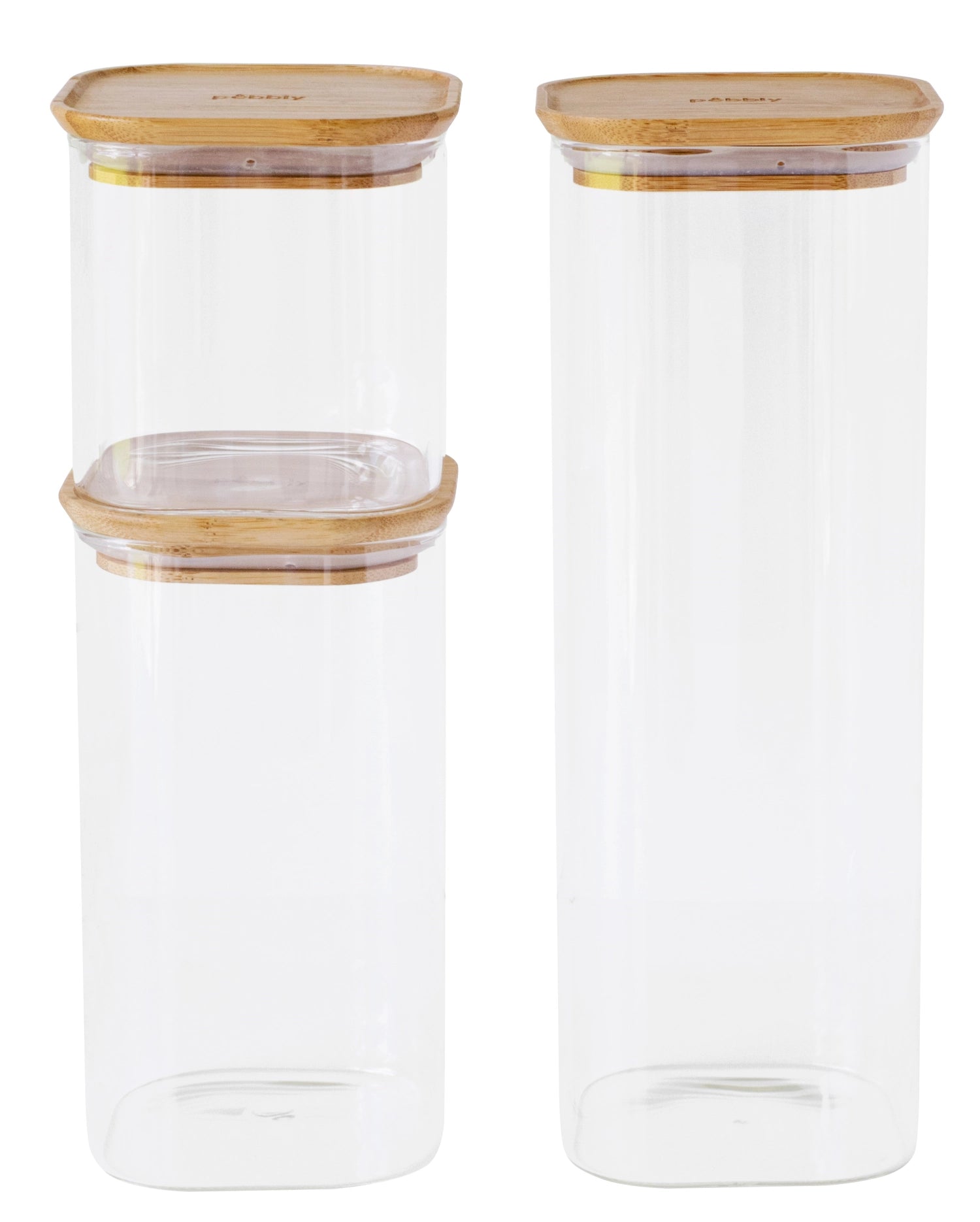 Praktisches 3er Set Vorratsgläser von Pebbly mit Bambusdeckeln in verschiedenen Größen (0,8 l, 1,4 l, 2,2 l) für stilvolle Küchenorganisation.