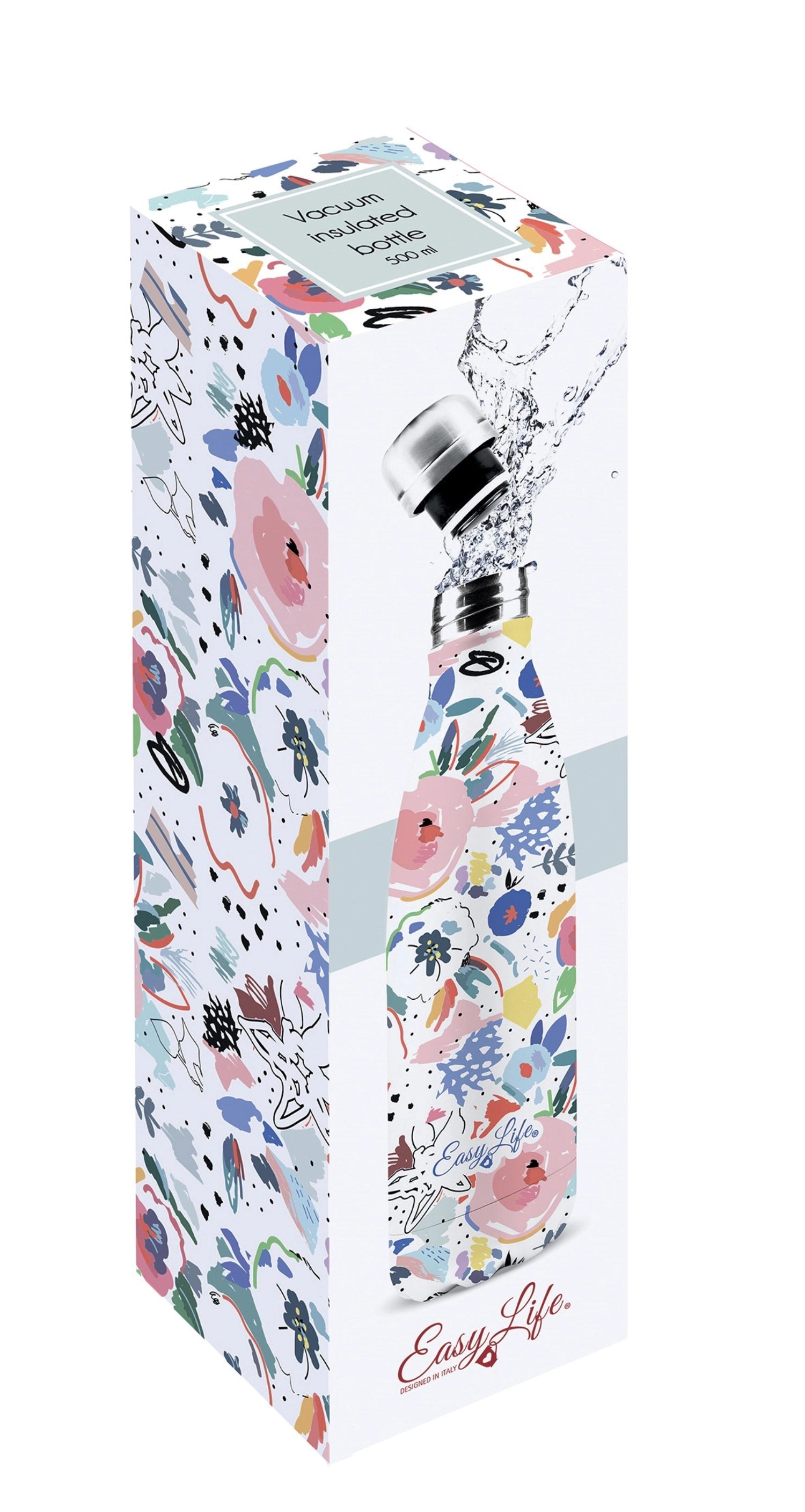 Bunte Isolierflasche mit doppelter Wand, 500ml, im floralen Design "Flowers Garden" von Easy Life – ideal für heiße und kalte Getränke.