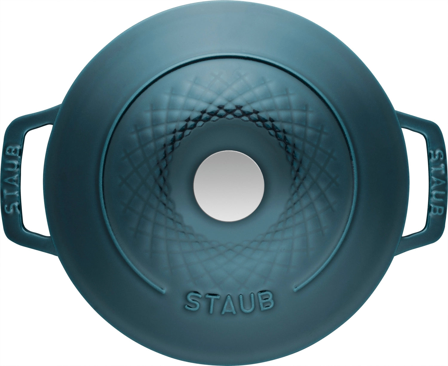 Runde 3,8 l Cocotte von Staub mit gedrehtem Design, ideal für kreative Kochabenteuer und ansprechende Tischpräsentationen.