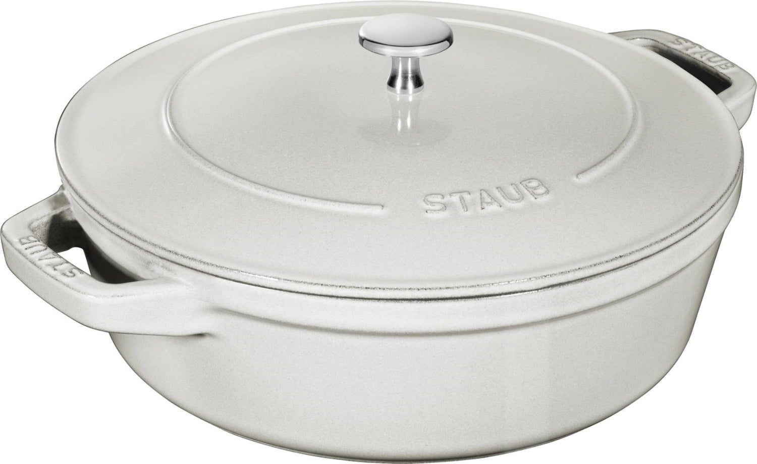 Elegantes 4-teiliges Cocotte-Set von Staub, rund, 24 cm, in luxuriösem Weißtrüffel-Finish, perfekt für kreative Kochabenteuer und ansprechende Tischpräsentation.