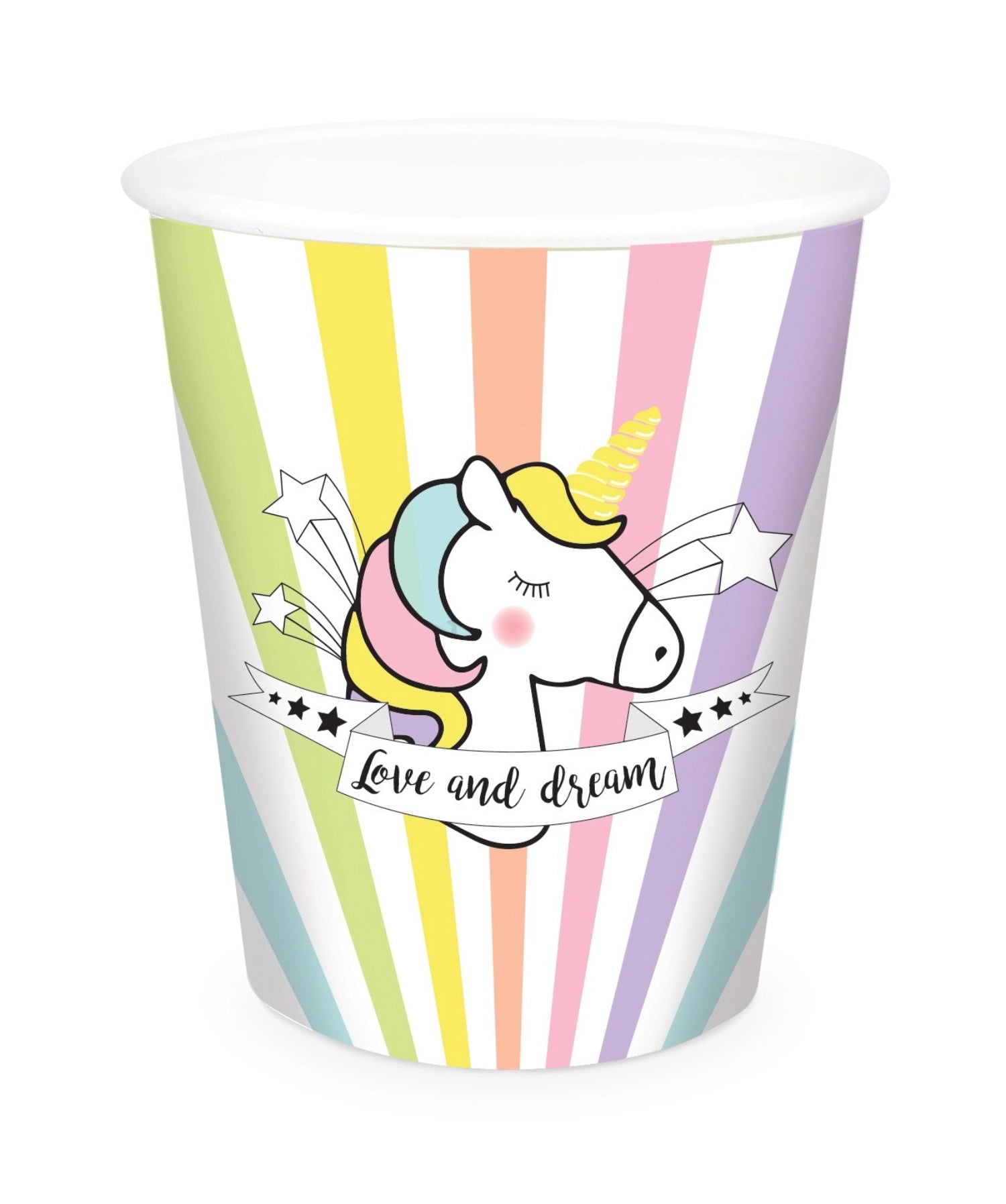 Set aus 8 Einhorn-Pappbechern mit fröhlichem Design, perfekt für Kinderfeiern und Einhorn-Mottopartys, 25 cl Fassungsvermögen.
