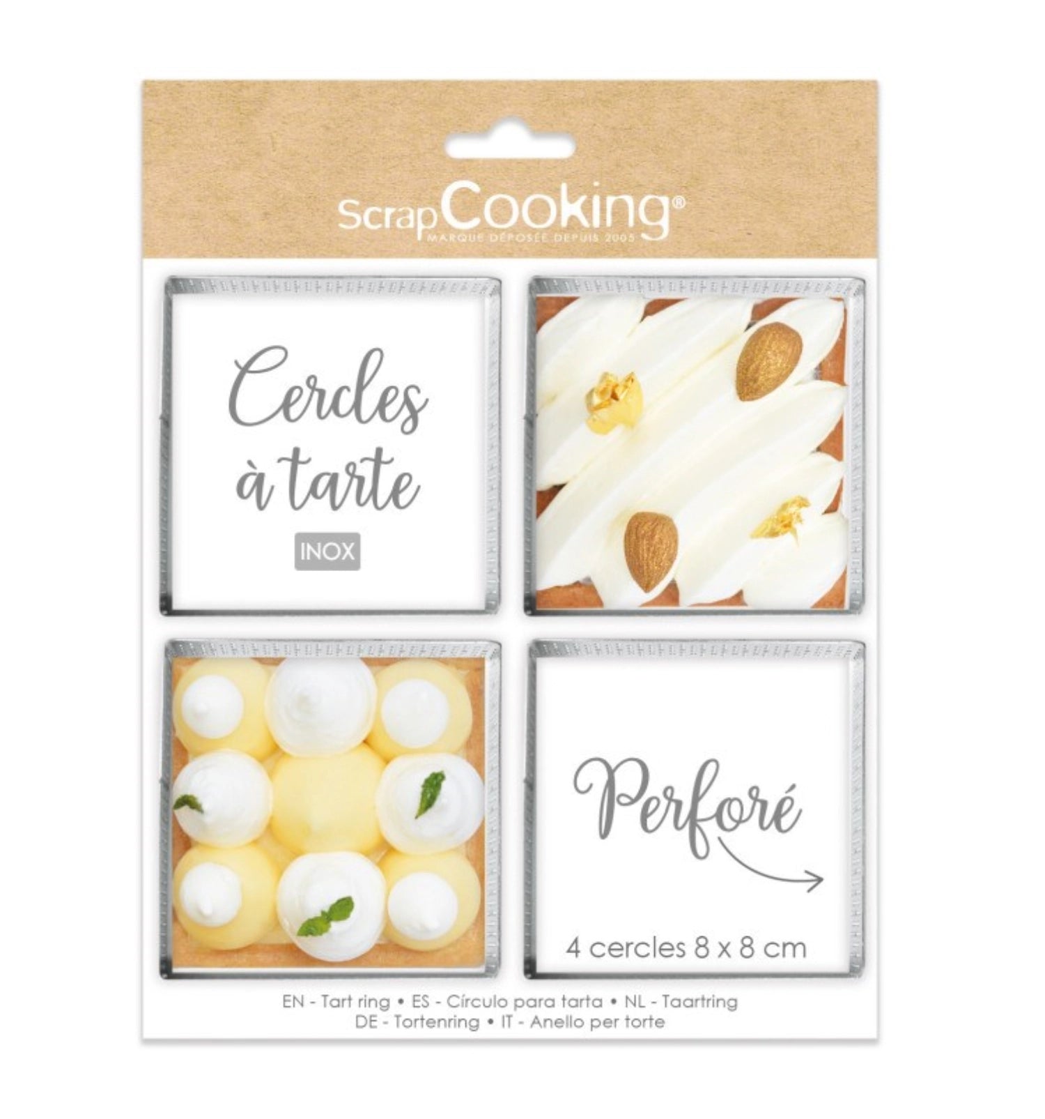 4er Set quadratische Tortenringe (8x8cm) mit perforierten Seiten von Scrap Cooking, ideal für kreative Backprojekte und perfekte Tortenkreationen.
