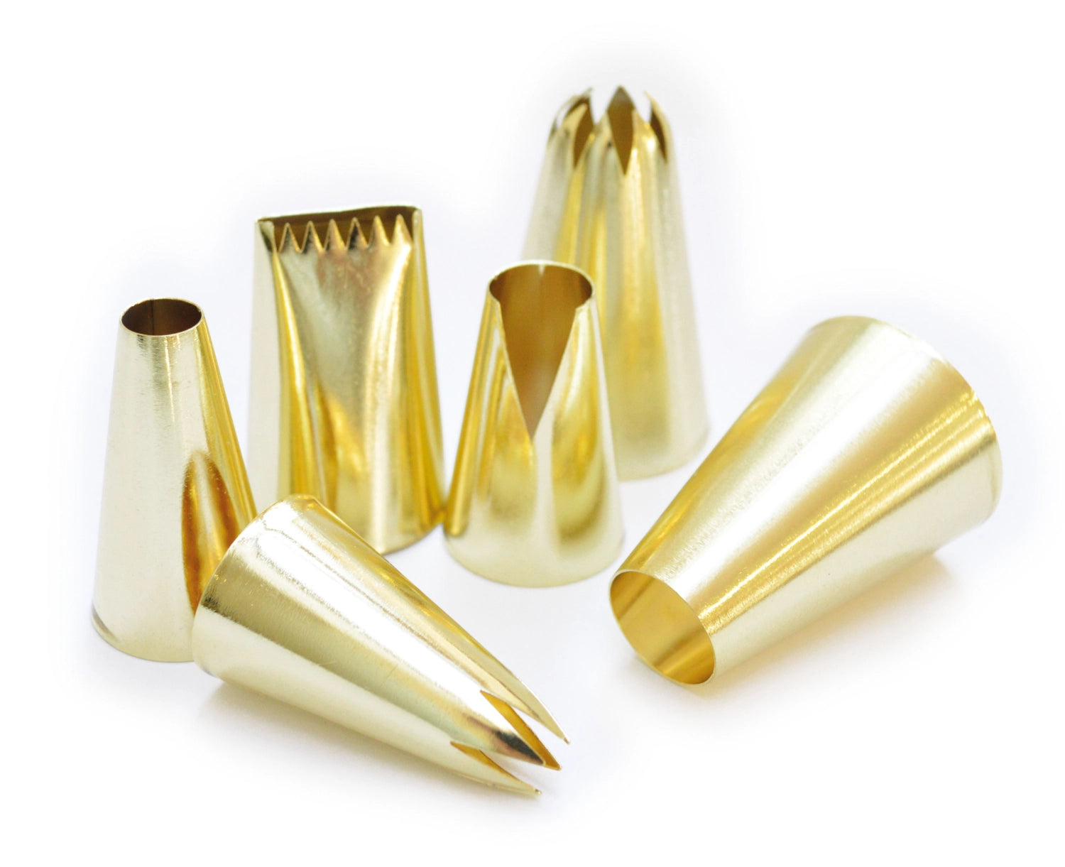 Hochwertiges 6er Set goldene Spritztüllen von Scrap Cooking, ideal für kreative Tortendekoration und Backprojekte.