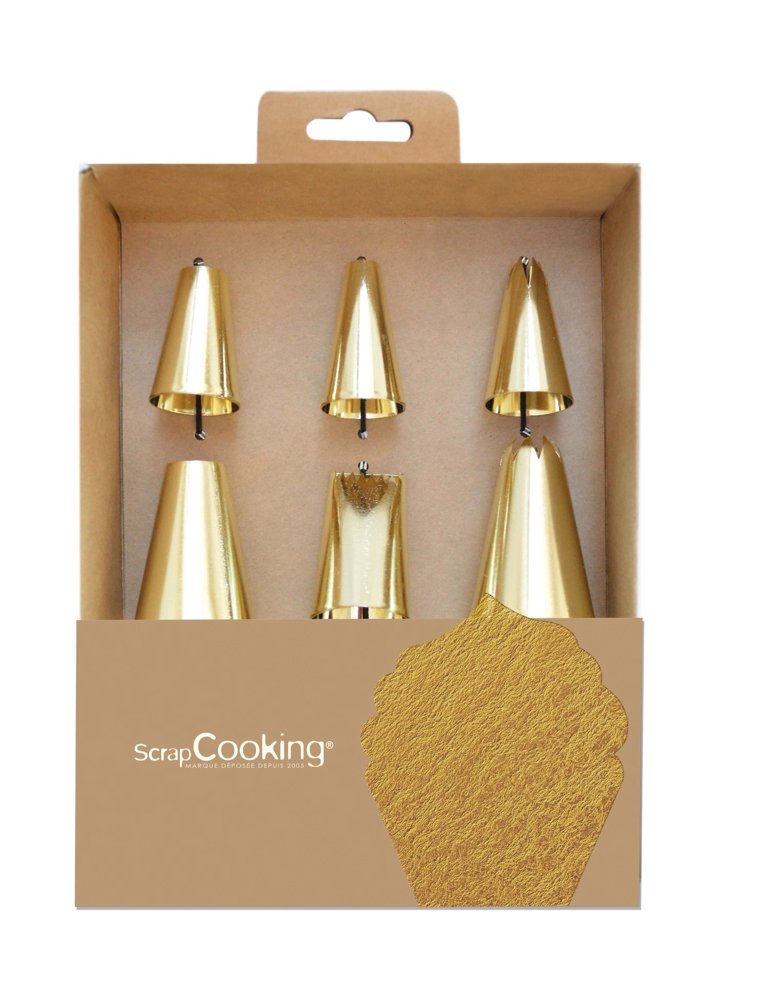 Elegantes 6er Set goldene Spritztüllen von Scrap Cooking, perfekt für kunstvolle Dekorationen von Torten und Gebäck. Ein unverzichtbares Werkzeug für Backliebhaber!