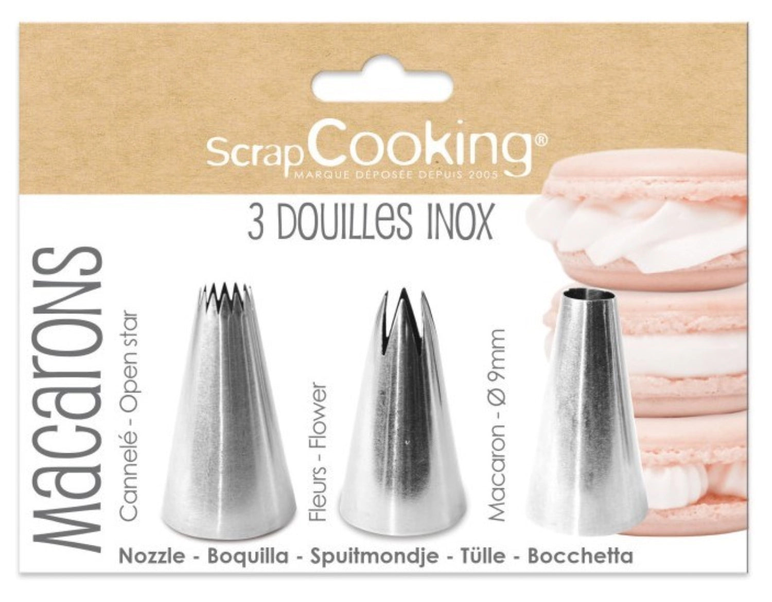 Set aus drei hochwertigen Edelstahltüllen für Spritzbeutel, ideal zum Dekorieren von Macarons, Torten und anderen feinen Backwaren.
