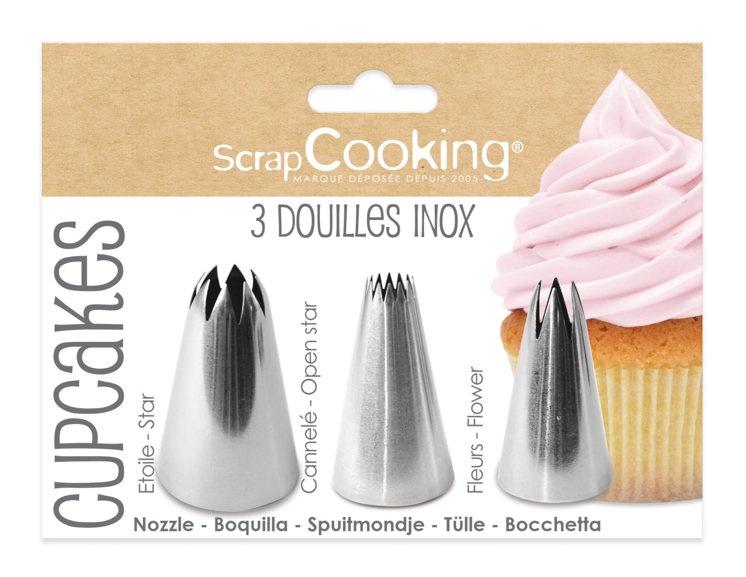 3er Set Edelstahltüllen von Scrap Cooking für kreative Cupcake-Dekorationen, ideal für präzise Spritztechniken und ansprechende Designs.