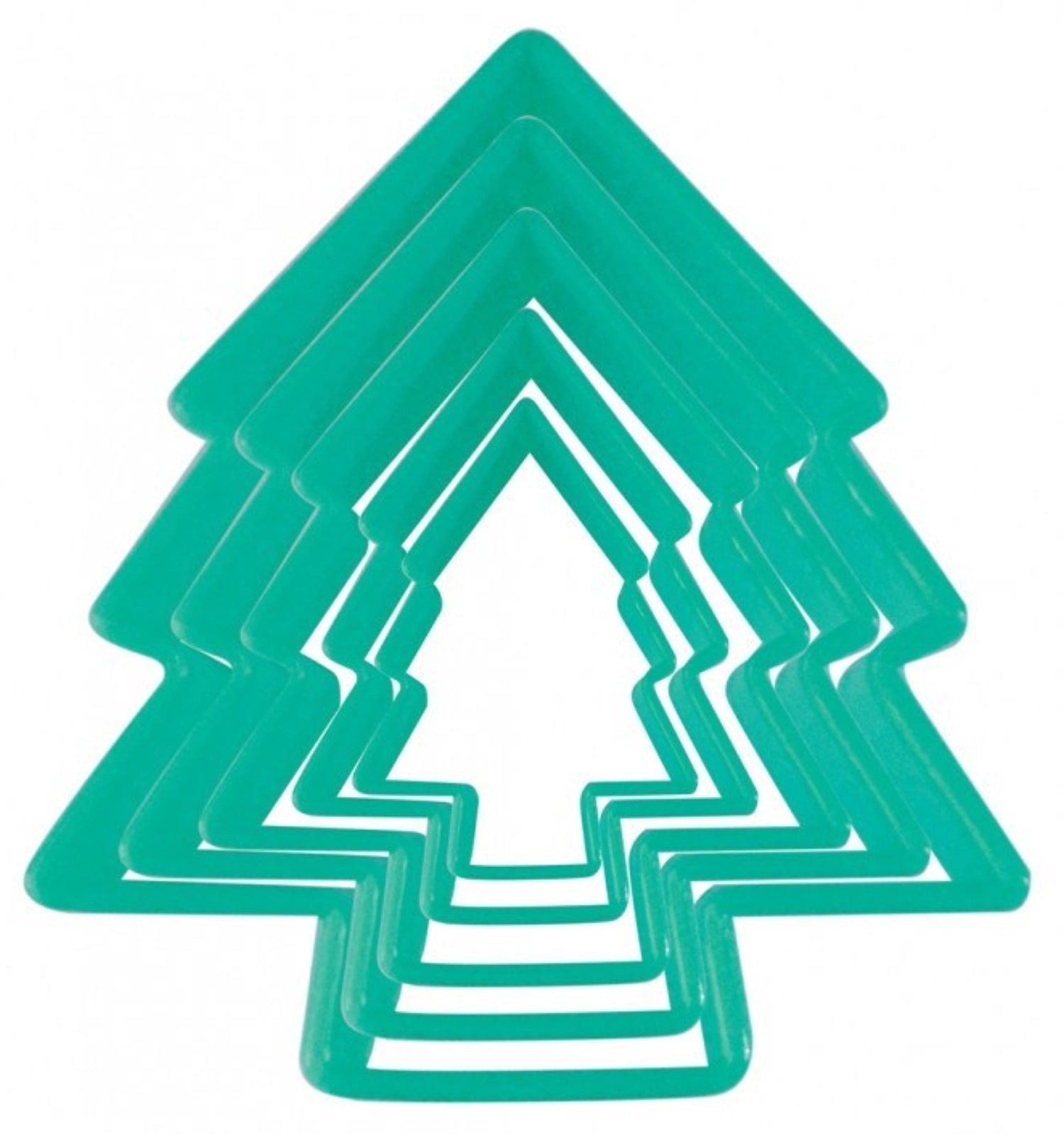 Fünf verschiedene Ausstecher in Form von Weihnachtsbäumen, ideal für festliche Plätzchen und kreative Backideen von Scrap Cooking.