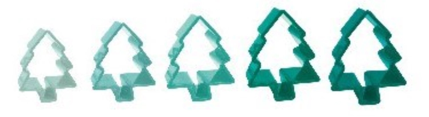Set aus fünf Weihnachtsbaum-Ausstechern von Scrap Cooking, perfekt für das Ausstechen von Plätzchen und kreative Backprojekte in der Weihnachtszeit.