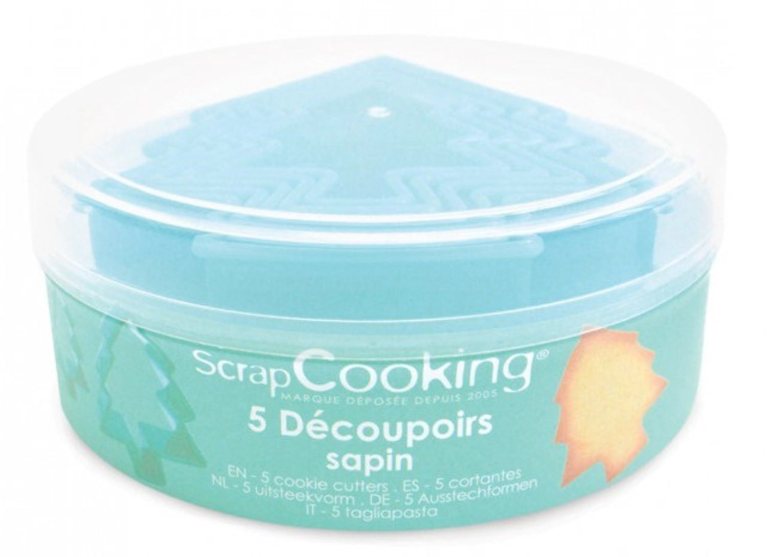 Fünf verschiedene Ausstecher in Form von Weihnachtsbäumen von Scrap Cooking, ideal für festliche Plätzchen und kreative Backideen zur Weihnachtszeit.