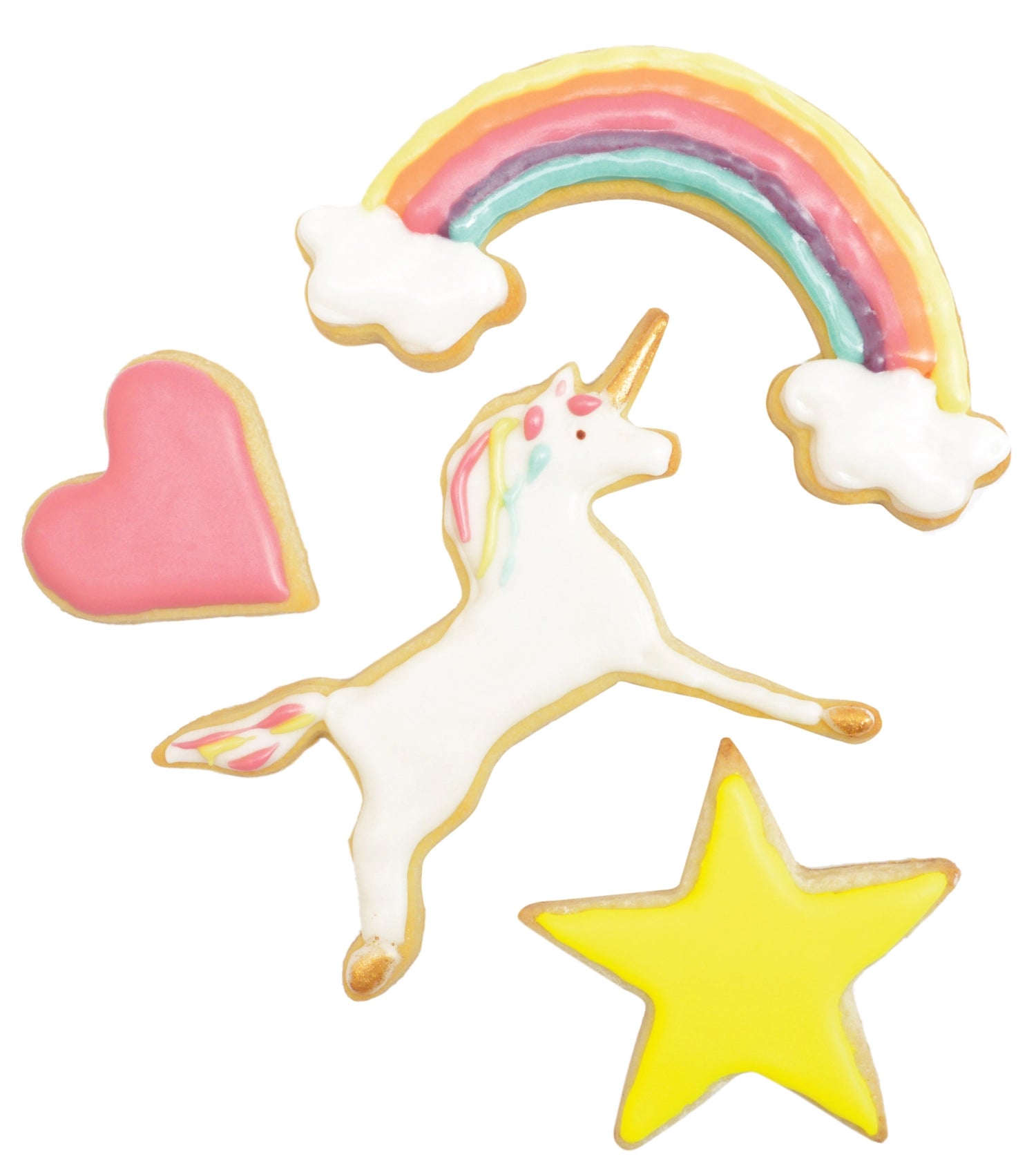 Buntes 4-teiliges Ausstecher-Set mit zauberhaften Einhorn-Motiven von Scrap Cooking, ideal für kreative Backprojekte und Kindergeburtstage.