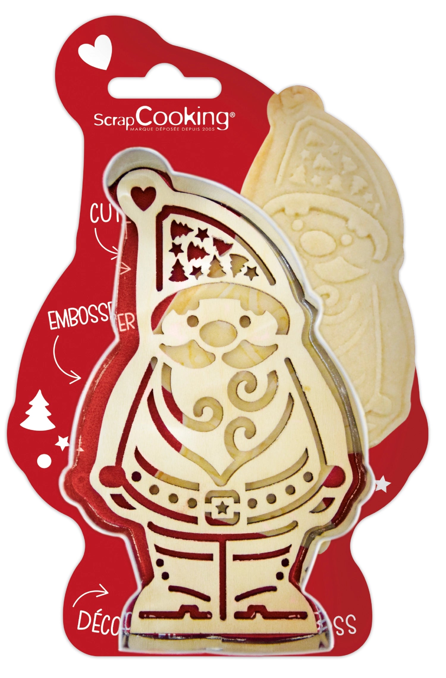Charmante Ausstechform und Holzpräger im Weihnachtsmann-Design von Scrap Cooking, ideal für festliche Plätzchen und kreative Backideen.