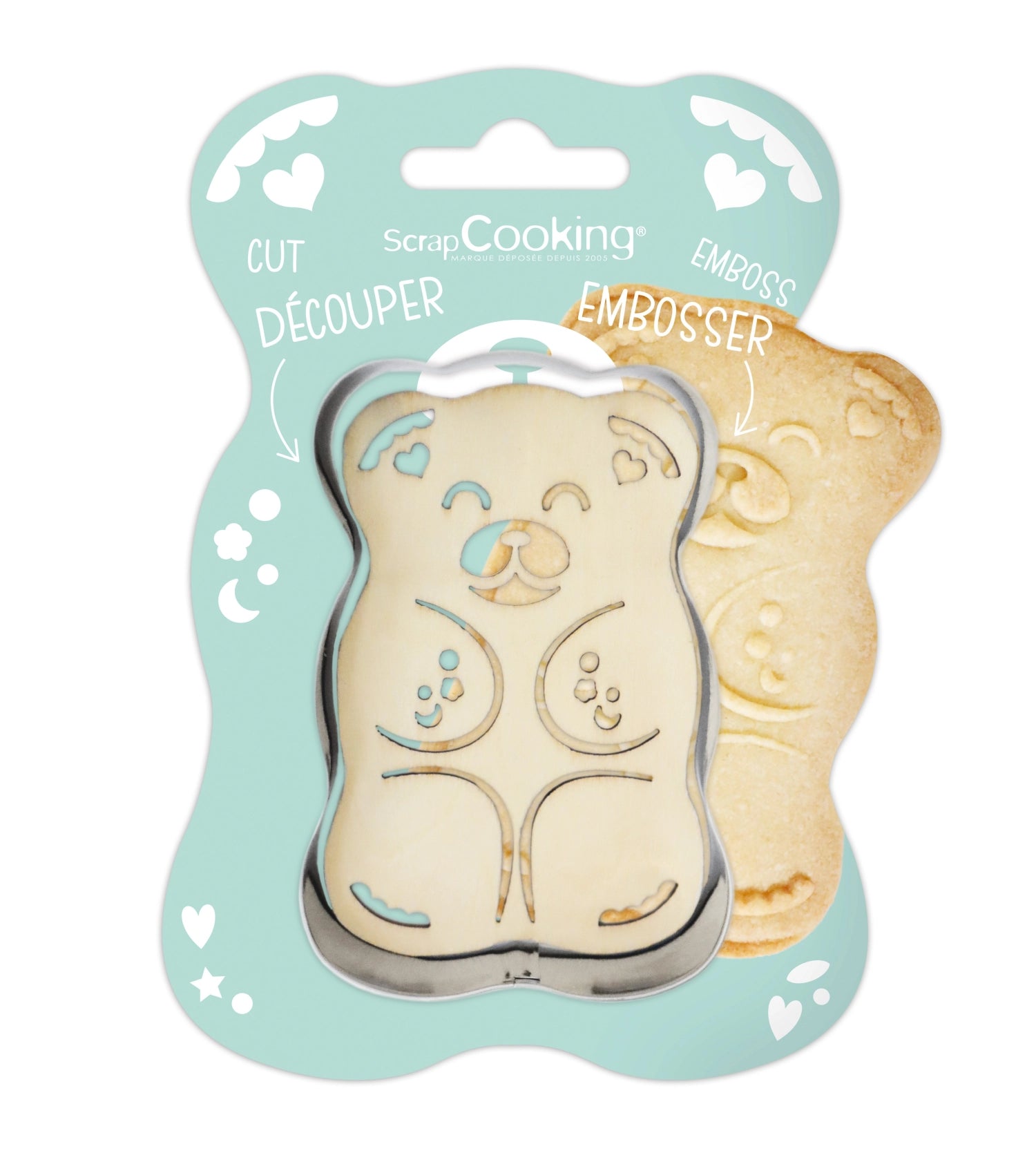 Ausstechform und Holzpräger in Form eines Teddybären von Scrap Cooking, ideal für süße Kekse und kreative Backideen für Kinder.