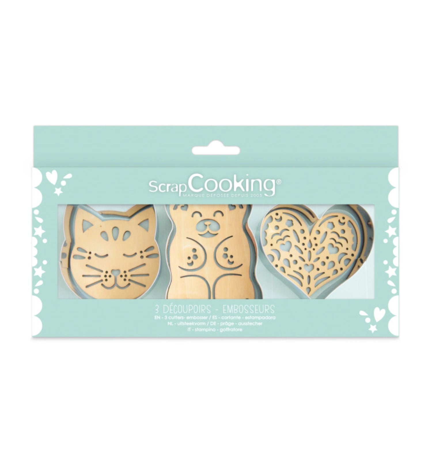 3er Set Ausstecher und Präger Classic von Scrap Cooking, perfekt zum Ausstechen und Verzieren von Keksen und Gebäck in verschiedenen Formen.