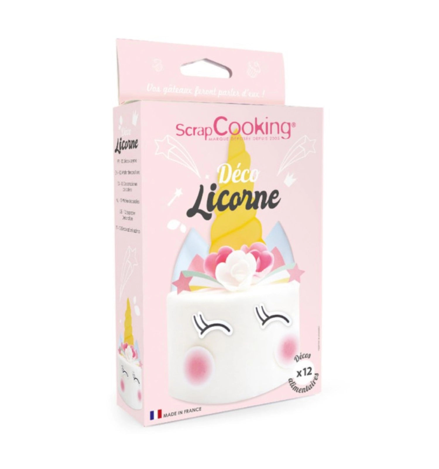 Buntes 12-teiliges Einhorn-Dekorationsset aus Zucker von Scrap Cooking, ideal für die kreative Gestaltung von Torten und Desserts.