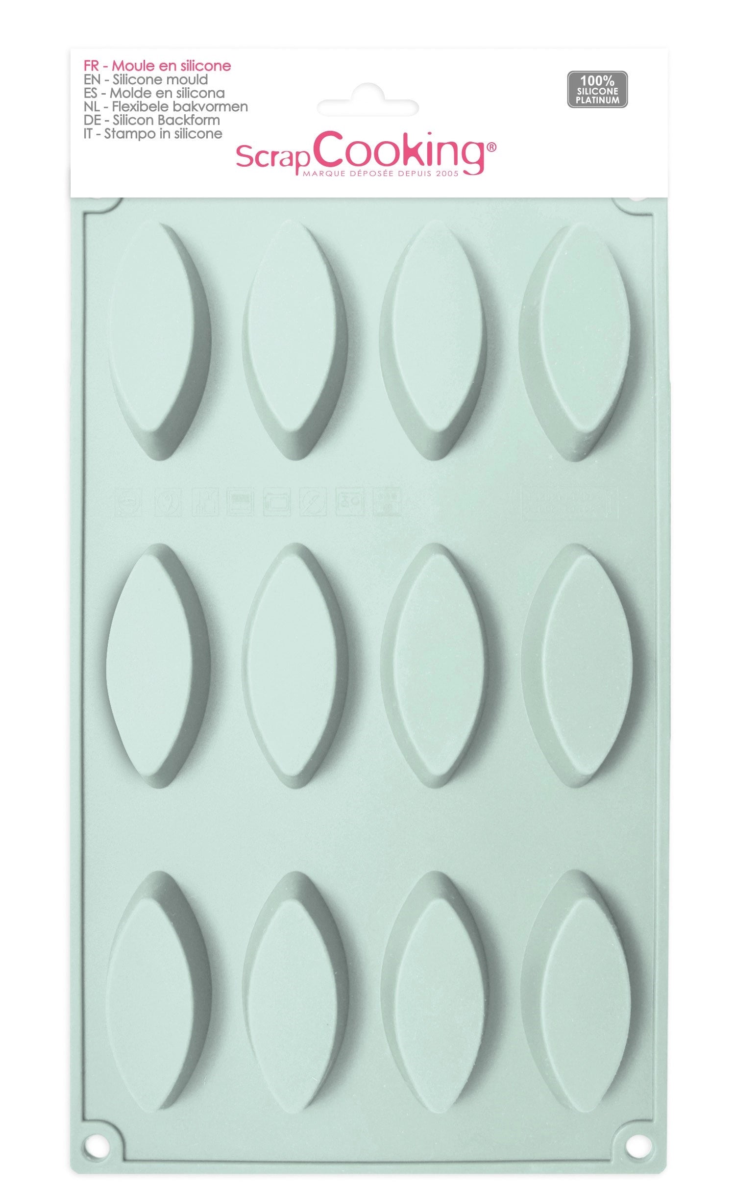 12er Silikonbackform Barquettes von Scrap Cooking, ideal für kreative Backprojekte, flexibel und leicht zu reinigen, in leuchtenden Farben.