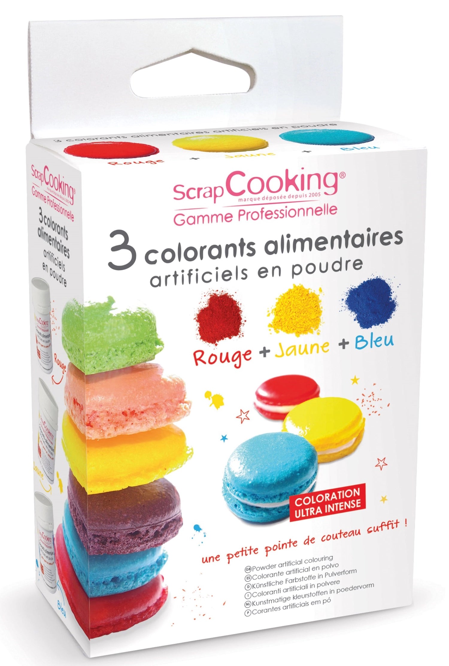 Drei intensive Farbpulver in Rot, Gelb und Blau (je 10g) von Scrap Cooking, ideal für farbenfrohe Backkreationen und kreative Bastelprojekte.