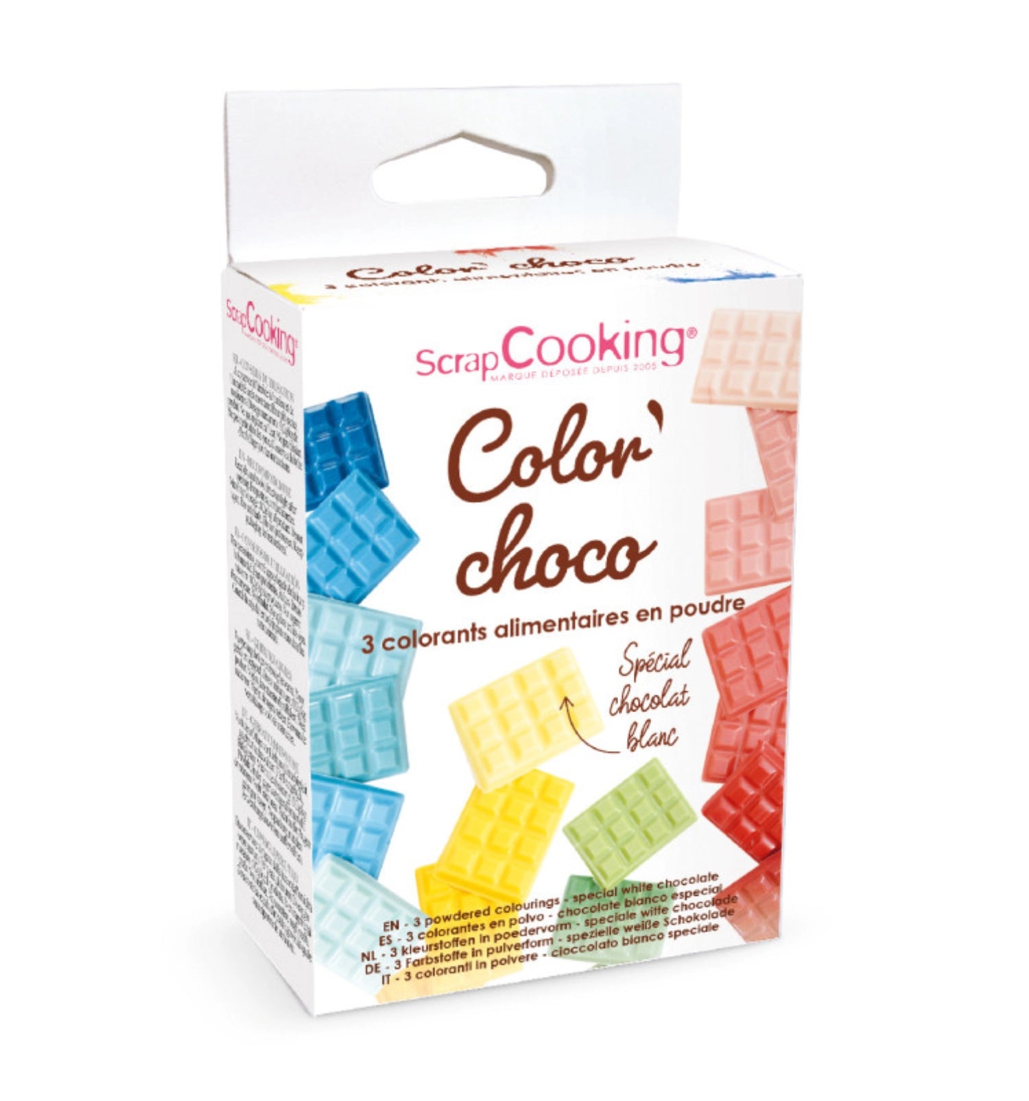 Drei Farbpulver in den Farben Chocolat, Rot und Gelb-Blau (je 5g) von Scrap Cooking, ideal für kreative Backprojekte und Dekorationen.