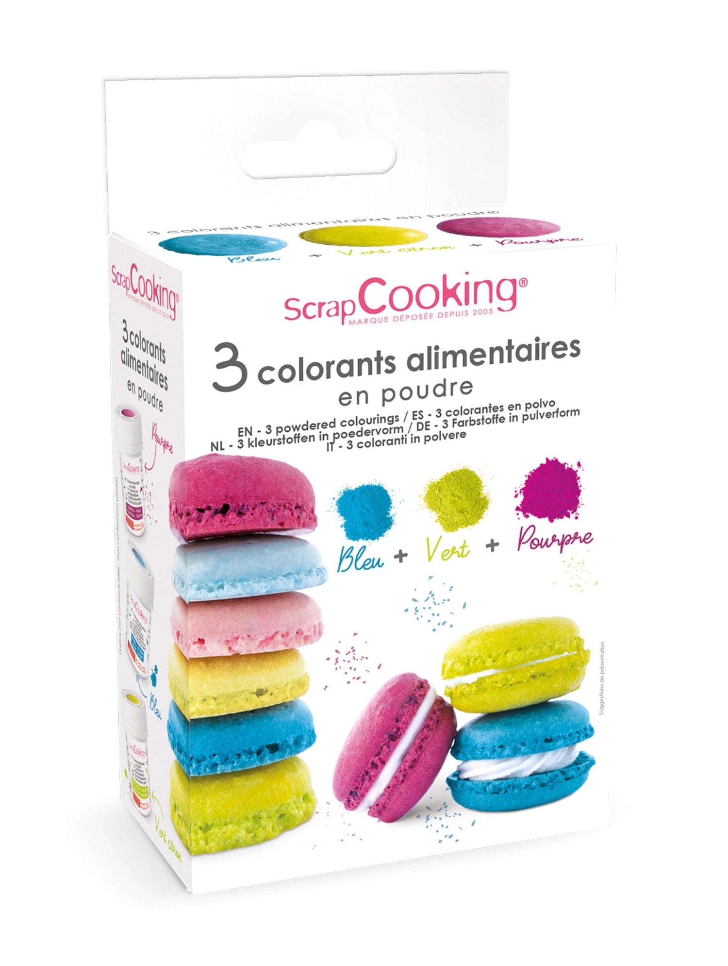 Buntes 3-tlg. Set Farbpulver in Blau, Grün und Lila (3x5g) von Scrap Cooking, ideal zum Dekorieren von Backwaren und Desserts.