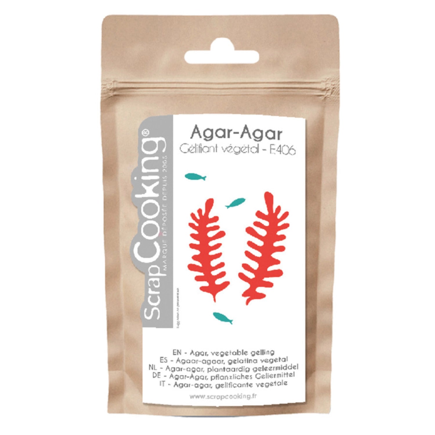 Agar Pulver 35g von Scrap Cooking, ideal für die Zubereitung von veganen Geliermitteln und Desserts, in praktischer Verpackung.