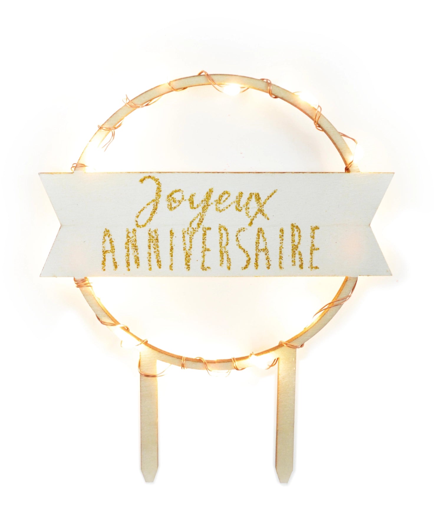 Eleganter Cake Topper "Joyeux Anniversaire" mit LED-Beleuchtung, ideal für Geburtstagskuchen und festliche Anlässe.
