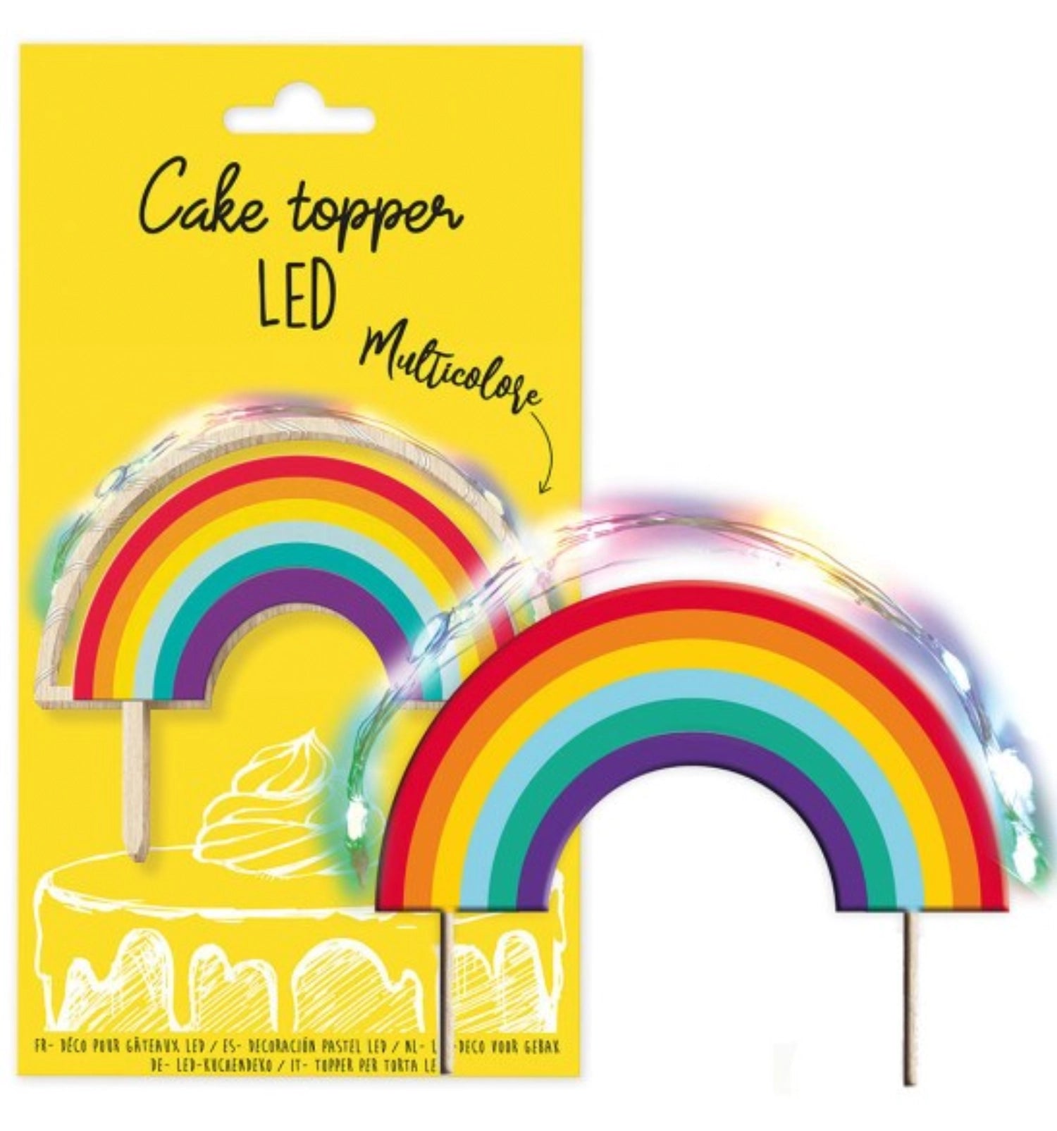 Bunter Cake Topper mit LED-Beleuchtung in Regenbogen-Design, perfekt für kreative Backideen und Feiern von Scrap Cooking.