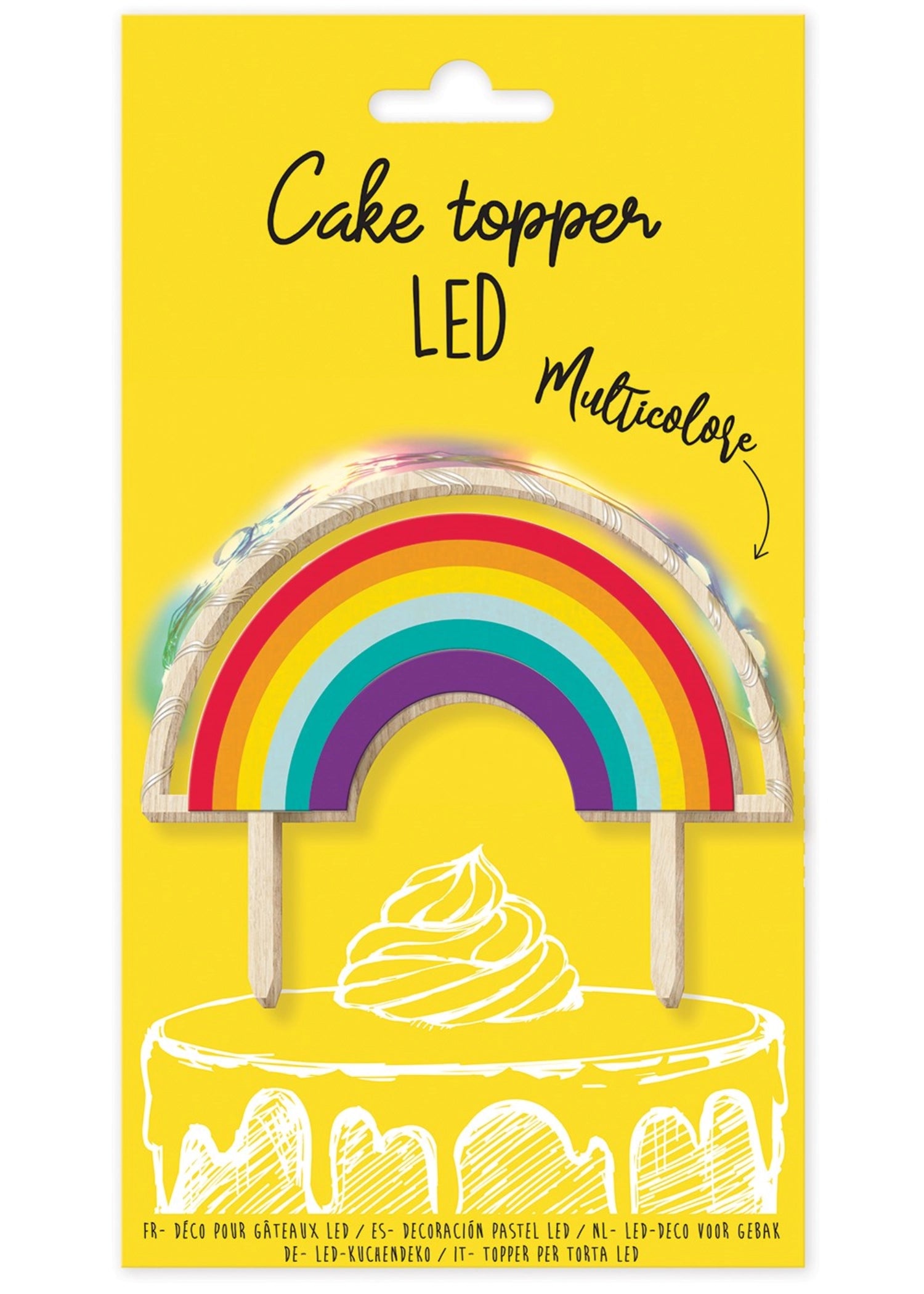 Bunter Cake Topper mit leuchtenden LED-Elementen im Regenbogen-Design, perfekt für besondere Anlässe und kreative Tortengestaltung.