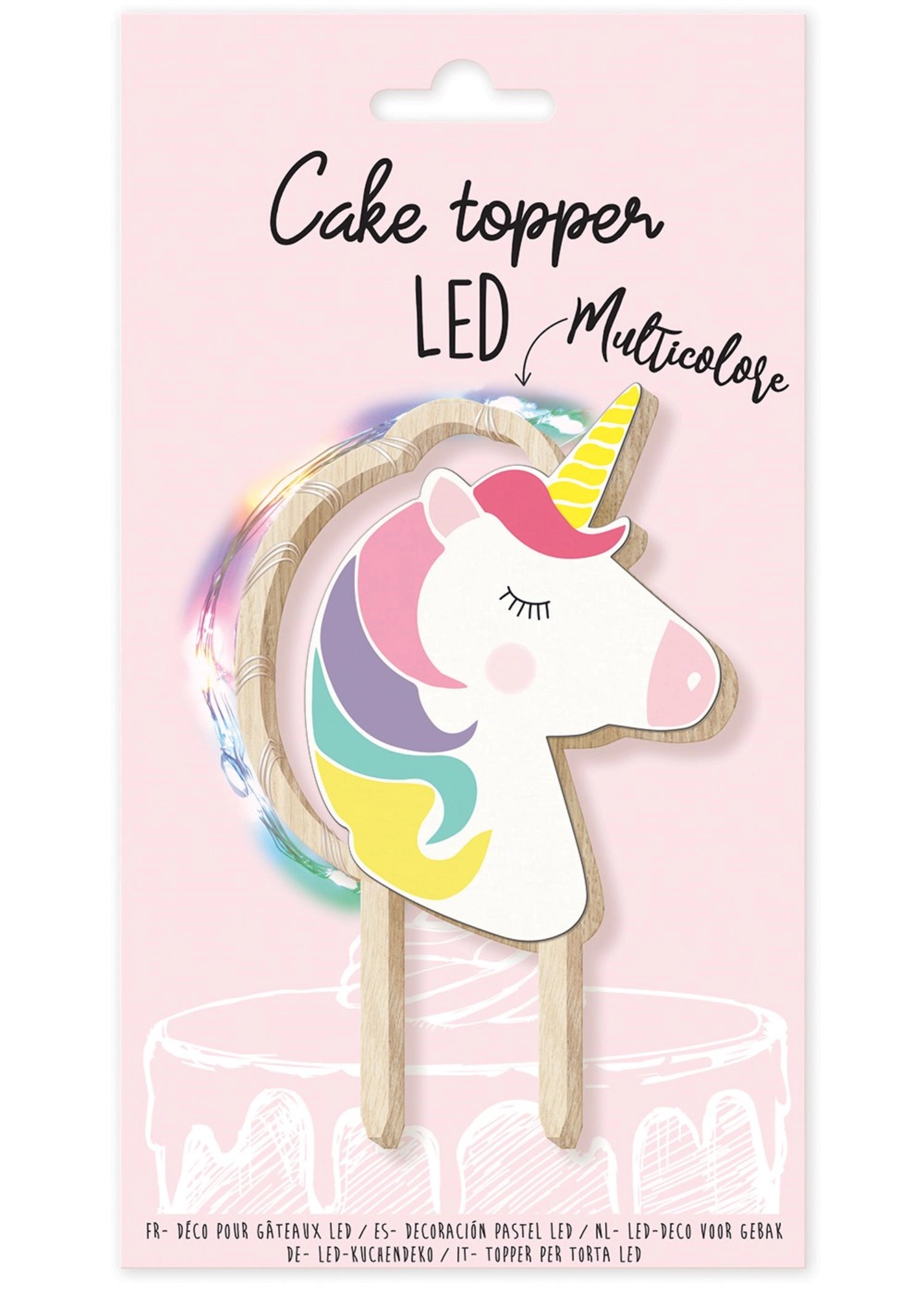 Bunter Cake Topper mit strahlendem Einhorn und LED-Lichtern, perfekt für festliche Torten und zauberhafte Kinderfeiern von Scrap Cooking.