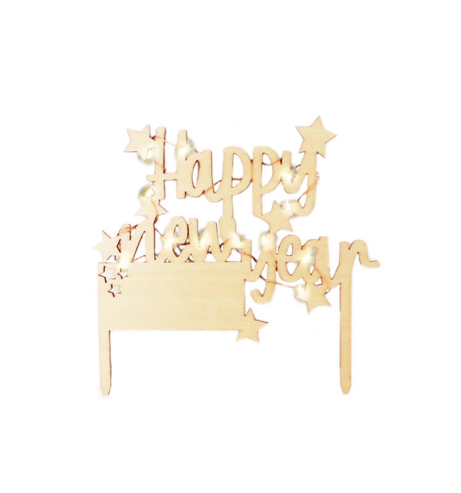 Festlicher Cake Topper mit leuchtendem "Happy New Year" Schriftzug, perfekt für Silvesterfeiern und kreative Tortendekoration.