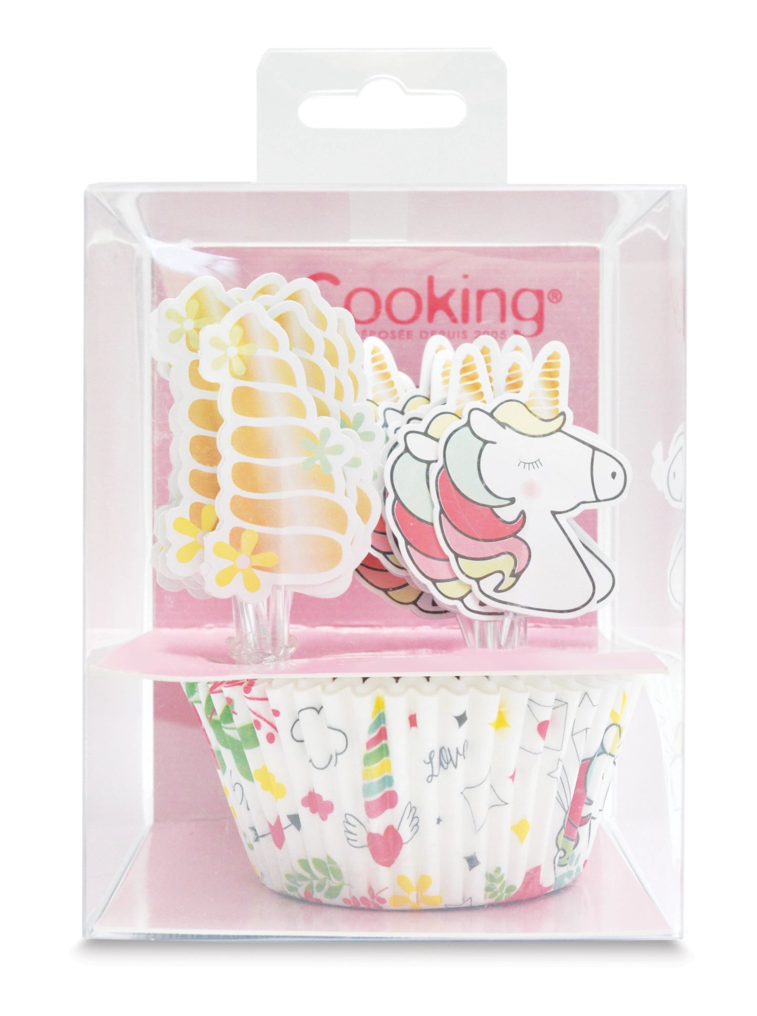 Buntes Set mit 24 Muffinförmchen und 24 Einhorn-Cake Toppers von Scrap Cooking, ideal für kreative Backprojekte und Kindergeburtstage.