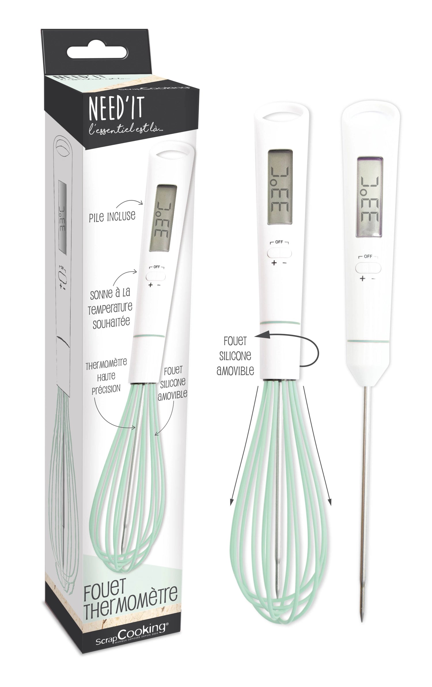 Innovativer Thermometer-Schneebesen von Scrap Cooking: vereint Rührfunktion und Temperaturmessung in einem eleganten Küchenhelfer.