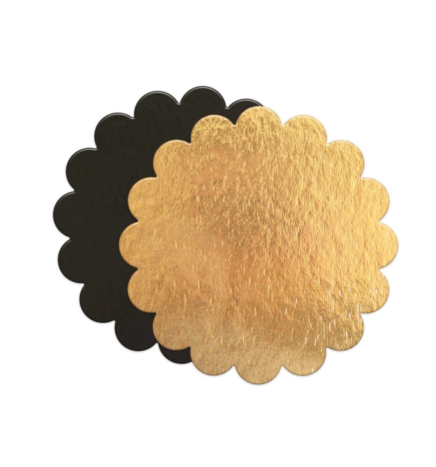 Set aus 5 eleganten Kuchenhaltern in Blumenform, gold/schwarz, Durchmesser 24 cm, ideal für stilvolles Backen und Präsentieren von Torten.