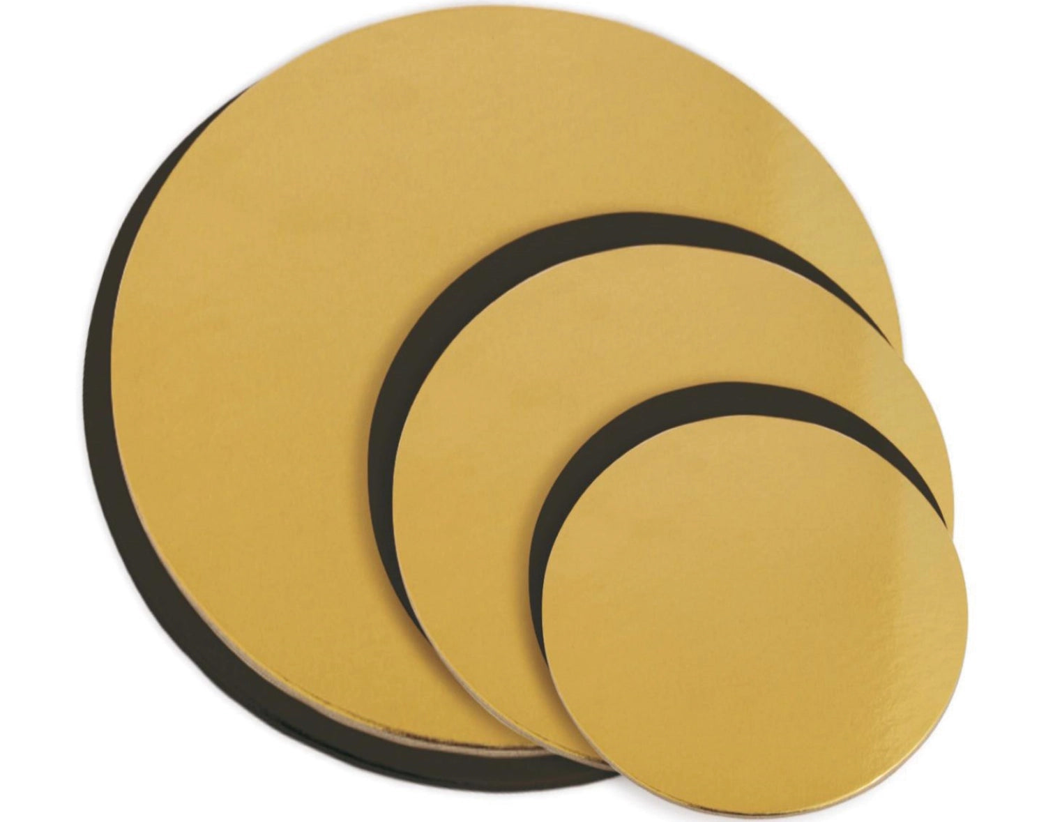 Stilvolles 6-teiliges Untersetzer-Set für Kuchen in edlem Gold und Schwarz, ideal für Torten und Desserts, Durchmesser 14/18/22 cm.