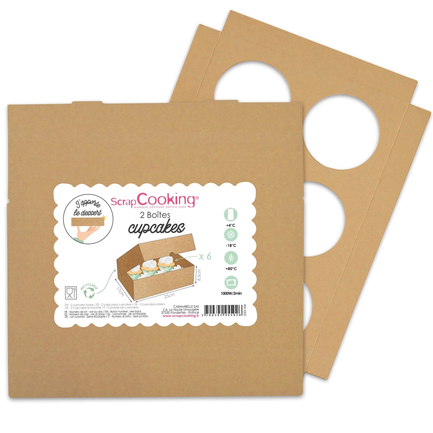 Zwei elegante Cupcake-Schachteln von Scrap Cooking, ideal für 12 Cupcakes, Maße: 17x25 cm, Höhe 8,5 cm, perfekt für jede Feier.