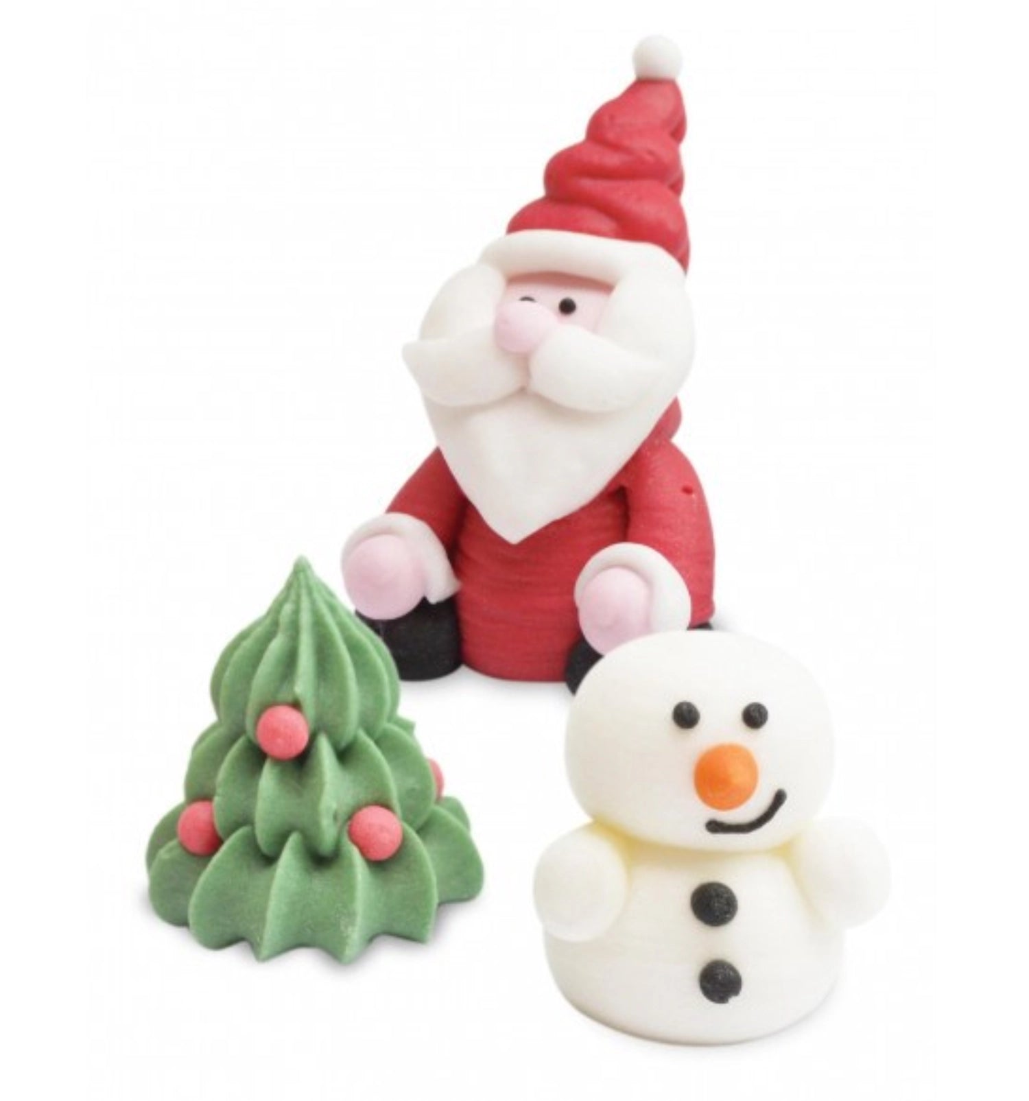 Drei farbenfrohe Zuckerdekore für Weihnachten von Scrap Cooking, ideal zum Verzieren von Plätzchen und Torten in festlicher Stimmung.