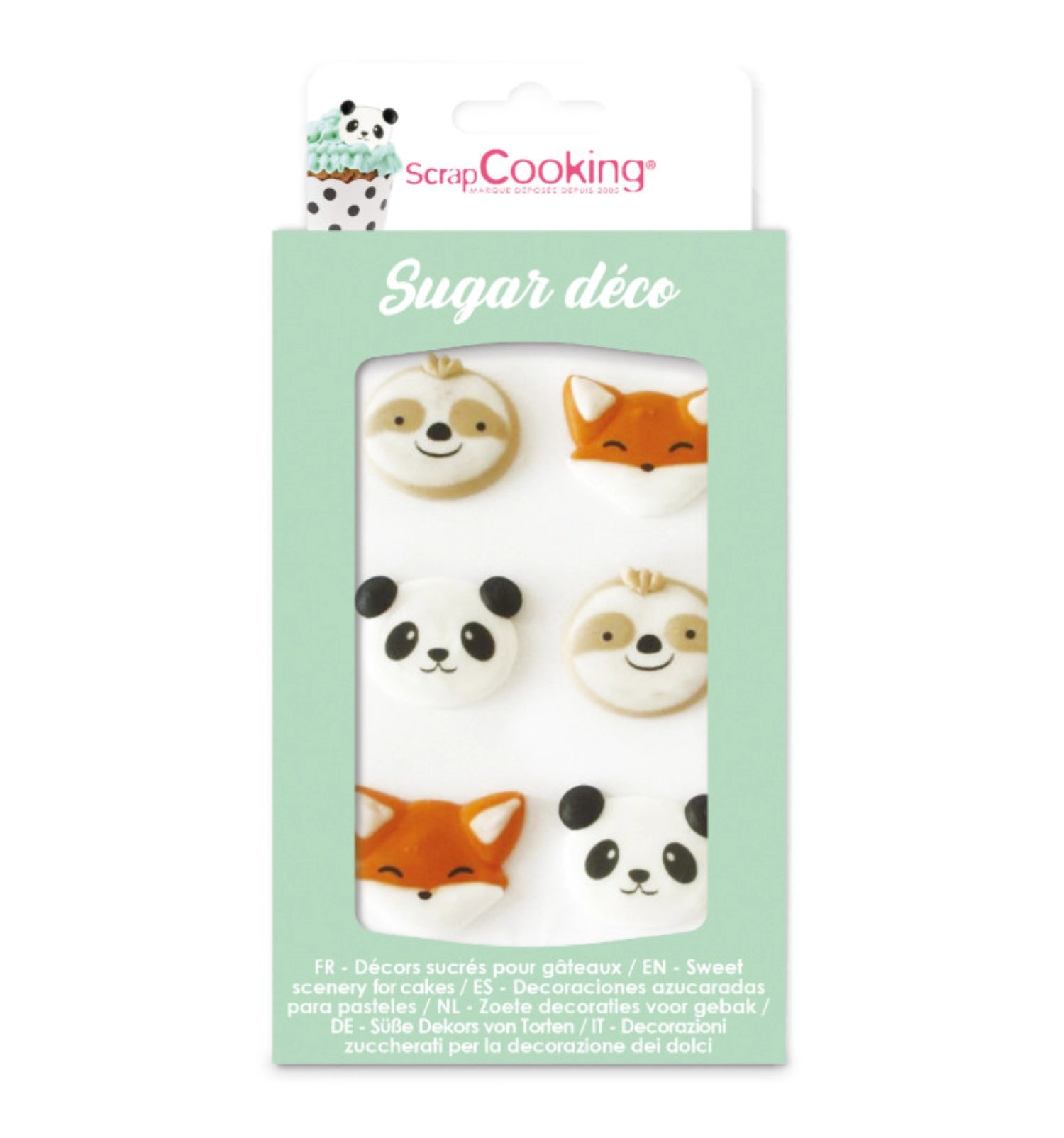 Sechs niedliche Zucker-Dekorationen in Form von Pandas, Faultieren und Füchsen, perfekt für fantasievolle Backprojekte und süße Leckereien.
