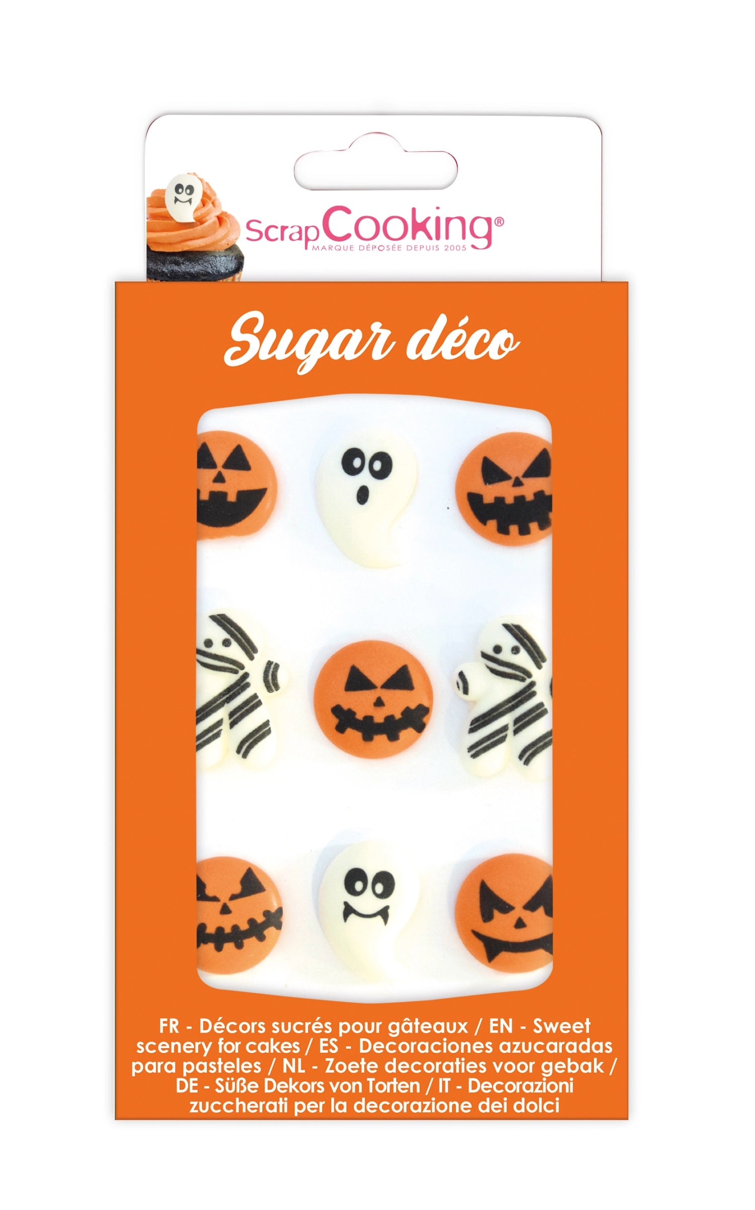 Neun bunte Zucker-Dekorationen für Halloween von Scrap Cooking, ideal zum Verzieren von Süßigkeiten und Backwaren für die gruselige Saison.