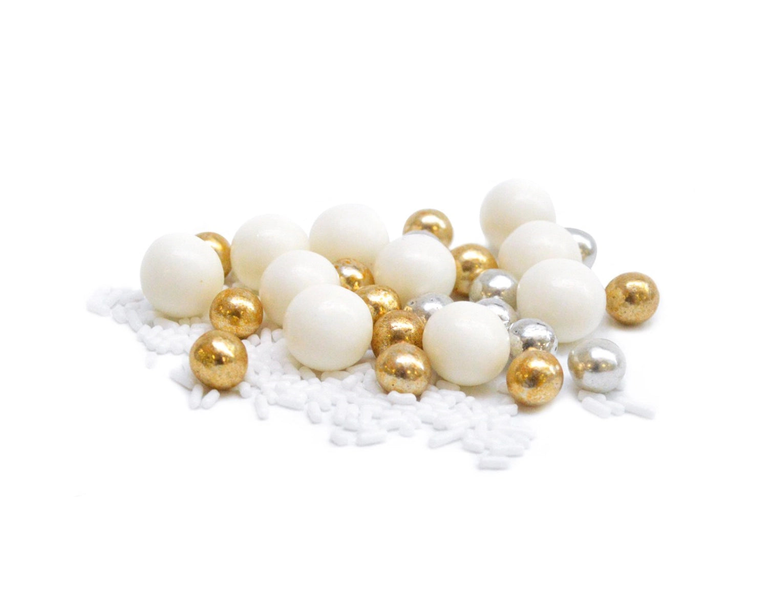 Elegante Zuckerperlen in Gold, Silber und Weiß, ideal für die kreative Dekoration von Torten, Cupcakes und anderen süßen Leckereien.