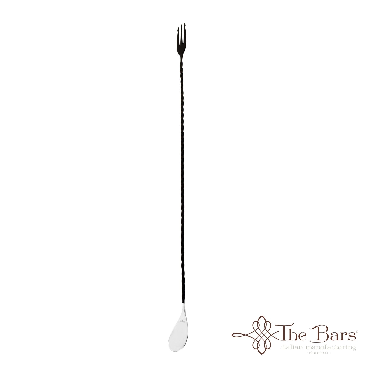Stylischer Bar Spoon Trident Twist in Schwarz, 45 cm lang, ideal zum Mischen und Servieren von Cocktails. Ein unverzichtbares Werkzeug für Barkeeper.