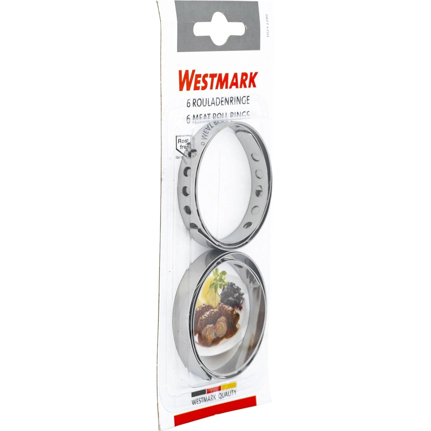 Sechs hochwertige Rouladenringe von Westmark, ideal zum präzisen Formen von Rouladen, aus langlebigem Material für optimale Ergebnisse.