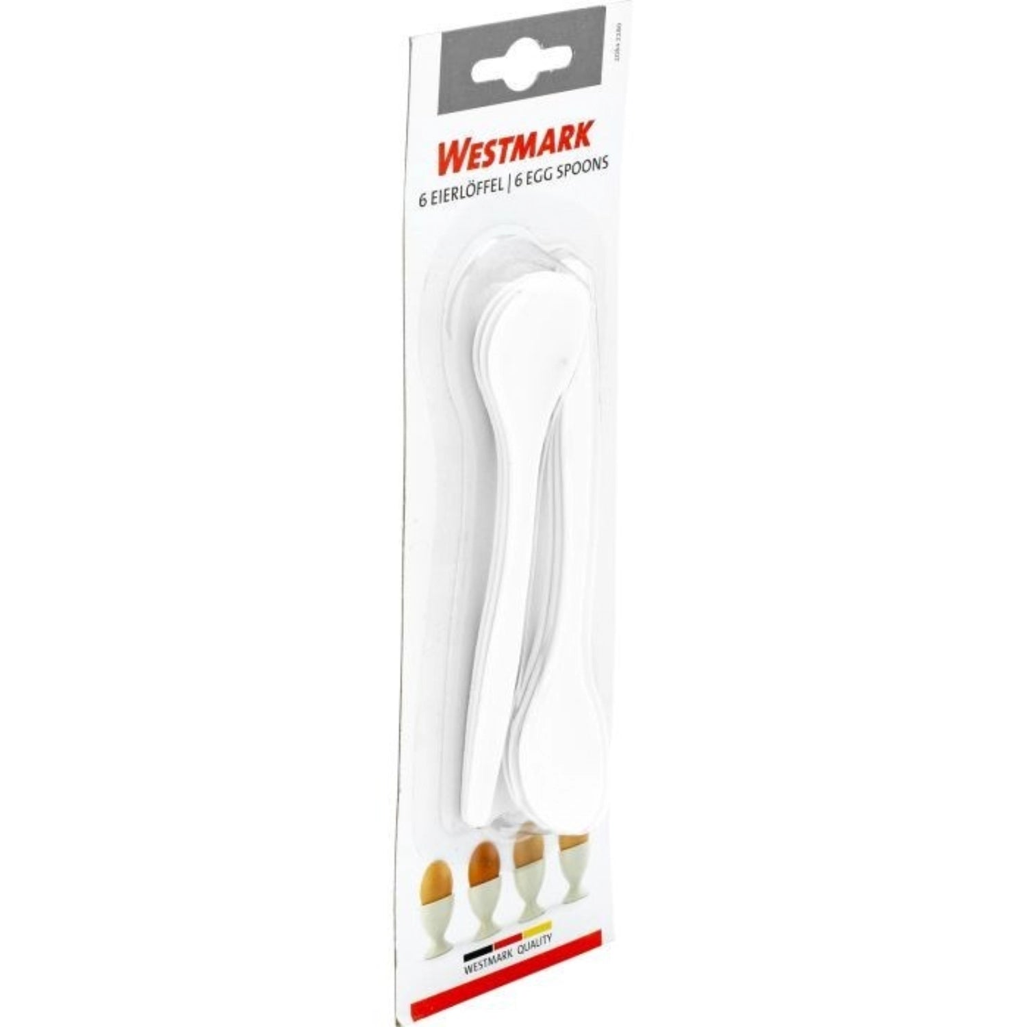 Set von 6 eleganten Eierlöffeln (14,5 cm) von Westmark, ideal für Frühstückstische. Praktisch und stilvoll auf einer ansprechenden Karte präsentiert.