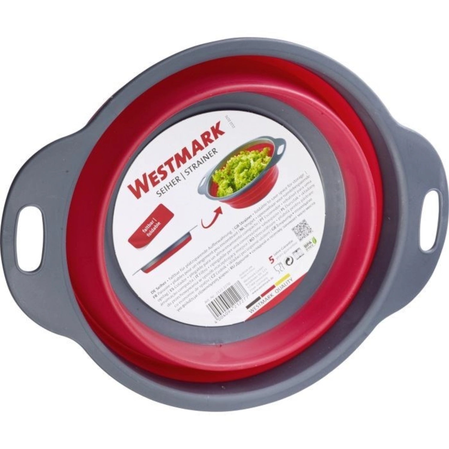 Praktischer, faltbarer Seiher von Westmark mit 22 cm Durchmesser, ideal zum Abgießen von Pasta und Gemüse, platzsparend und handlich.