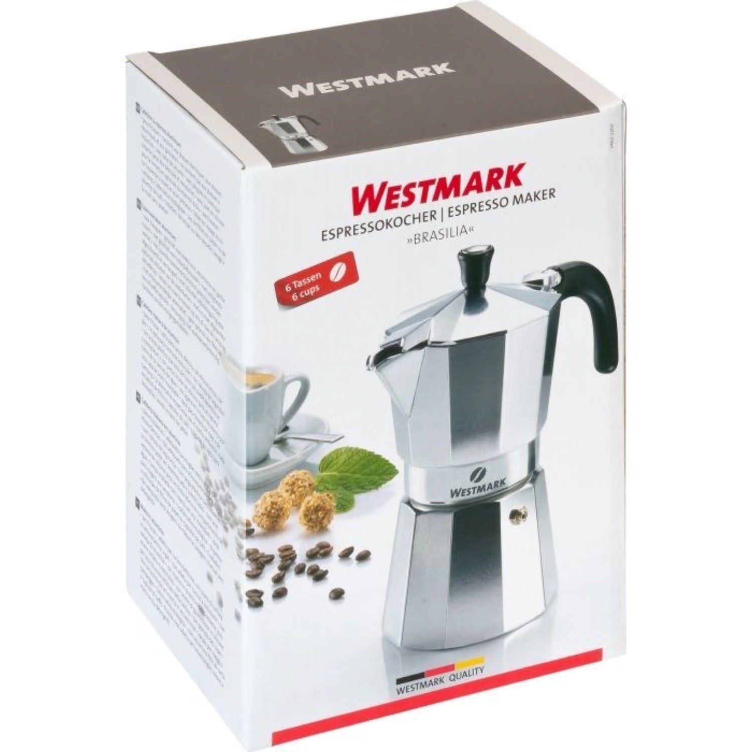 Eleganter Espressokocher Brasilia von Westmark, aus robustem Aluminium, für die Zubereitung von 6 Tassen köstlichem Espresso.