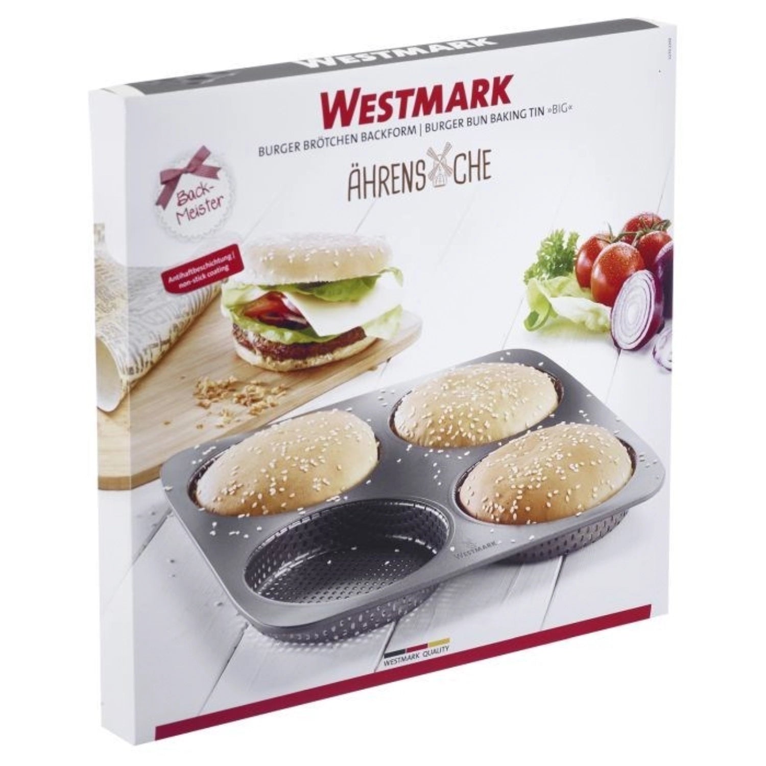Entdecken Sie die vielseitige 4er Burger Brötchen Backform von Westmark, 28x28cm, perfekt für die Zubereitung von köstlichen, gleichmäßigen Burger-Brötchen.