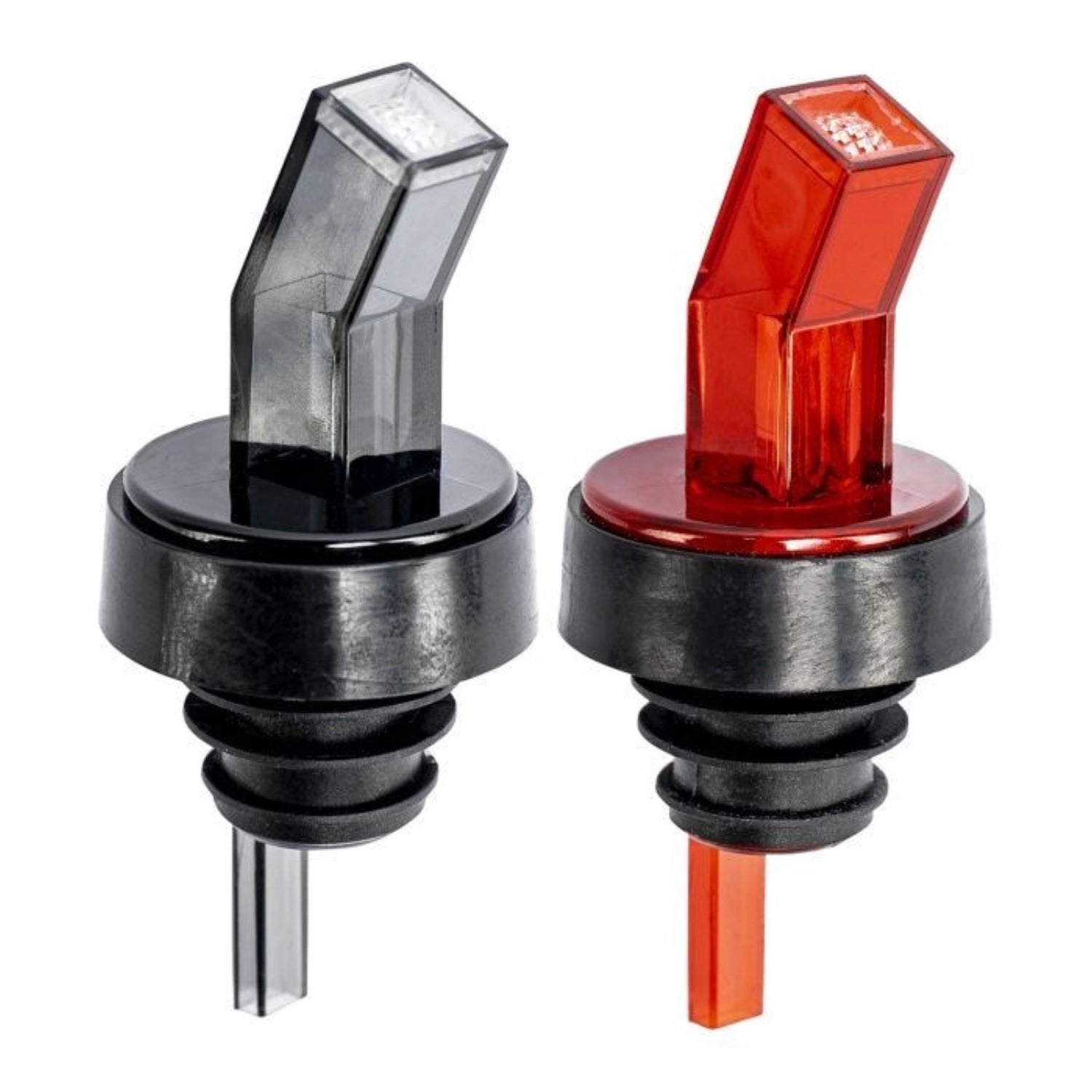 Zwei elegante Ausgiesser mit integrierter Siebfunktion, 8 cm groß, aus Edelstahl und Silikon, perfekt für kontrolliertes Ausgießen von Flüssigkeiten.
