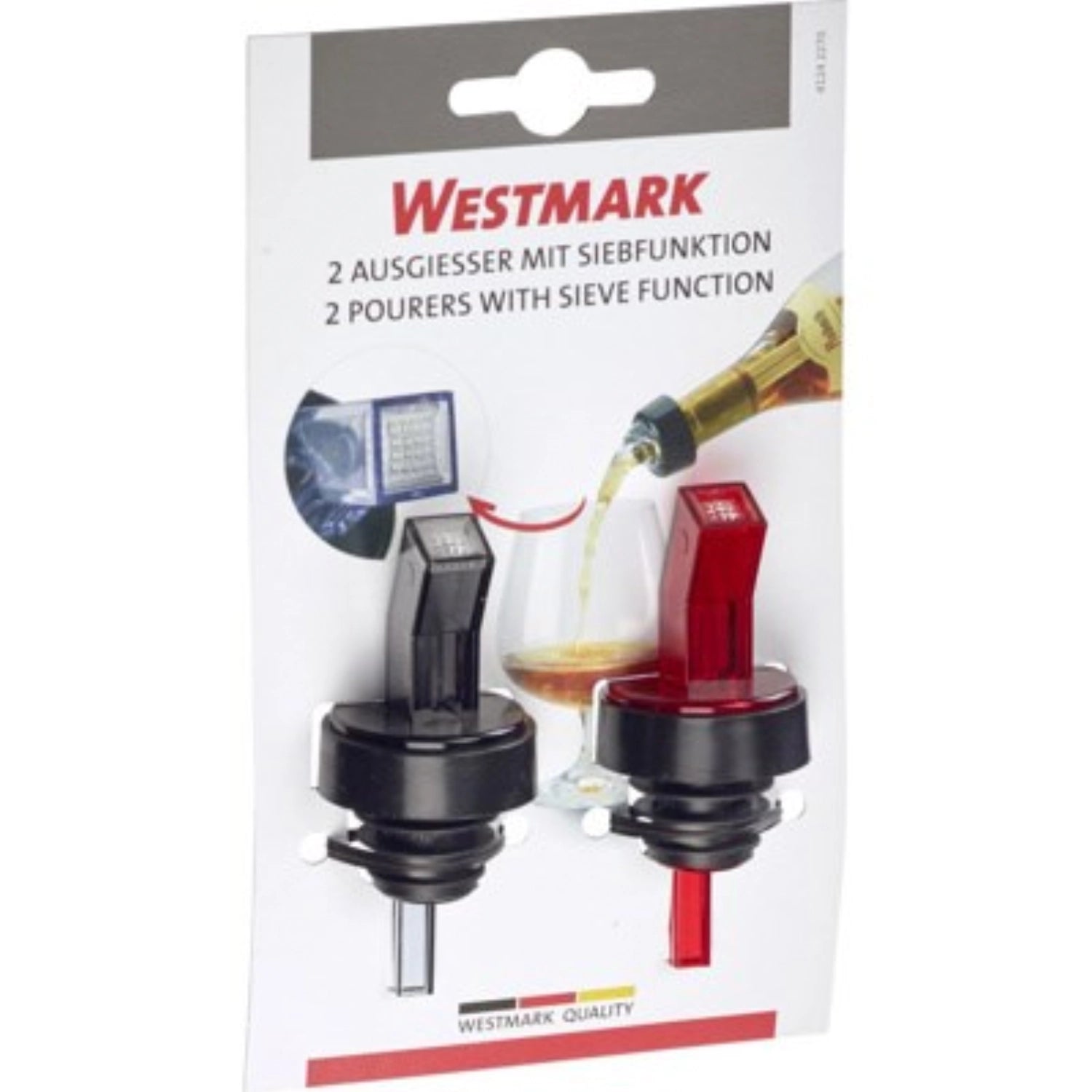 Set aus zwei stilvollen 8 cm Ausgiessern mit praktischer Siebfunktion, perfekt für das exakte Ausgießen von Flüssigkeiten, aus langlebigem Edelstahl und Silikon.