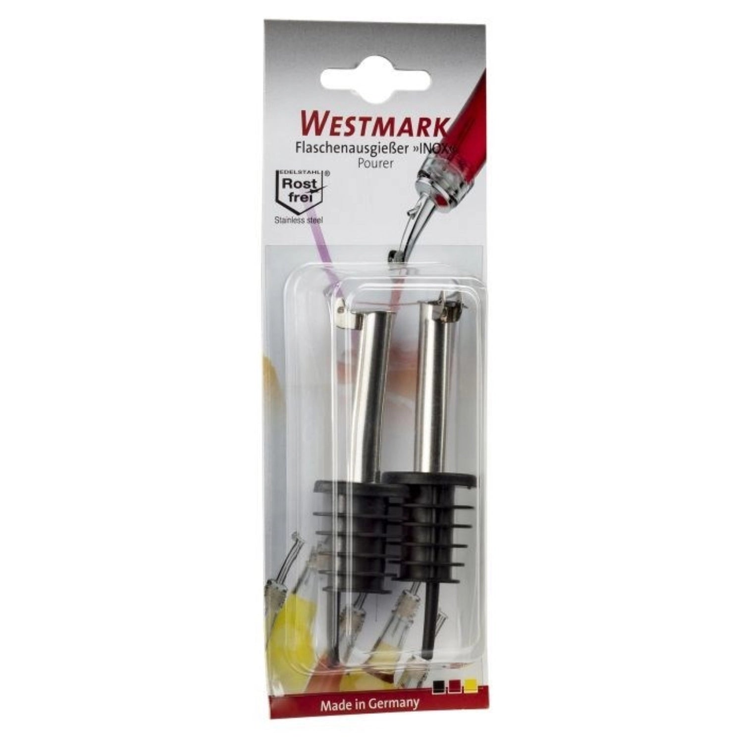 Elegantes 2er Set Ausgießer aus Edelstahl mit PE-Korken und Metallkläppchen von Westmark, perfekt für kontrolliertes Ausgießen in der Küche.